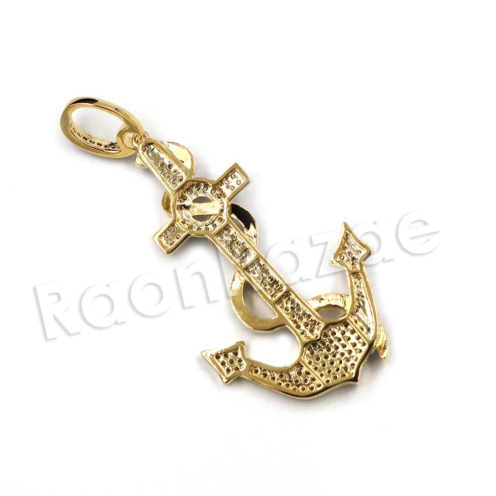 14K PT Gold SAILOR ANCHOR Pendant W/5mm 24" 30" Cuban Chain