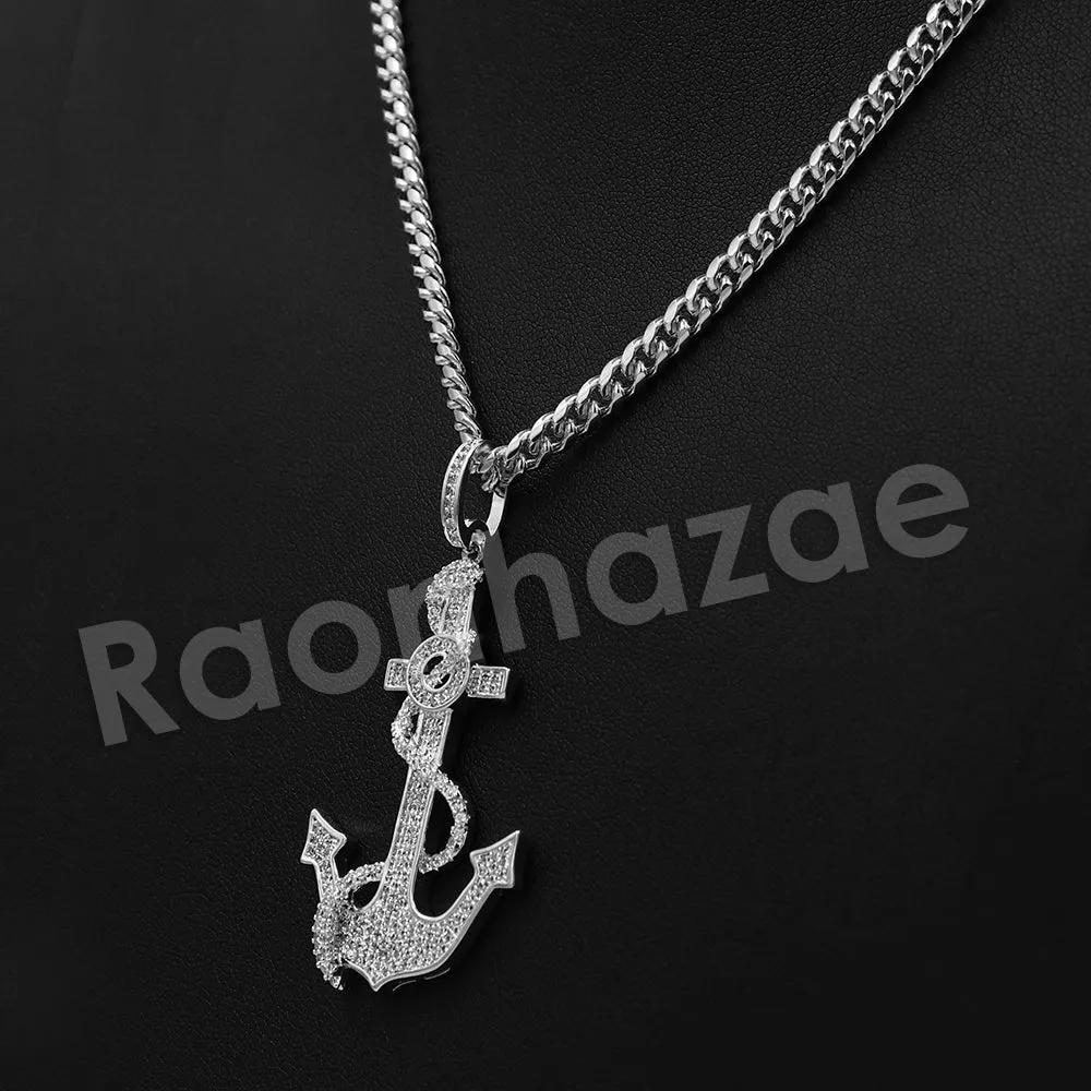 14K PT Gold SAILOR ANCHOR Pendant W/5mm 24" 30" Cuban Chain