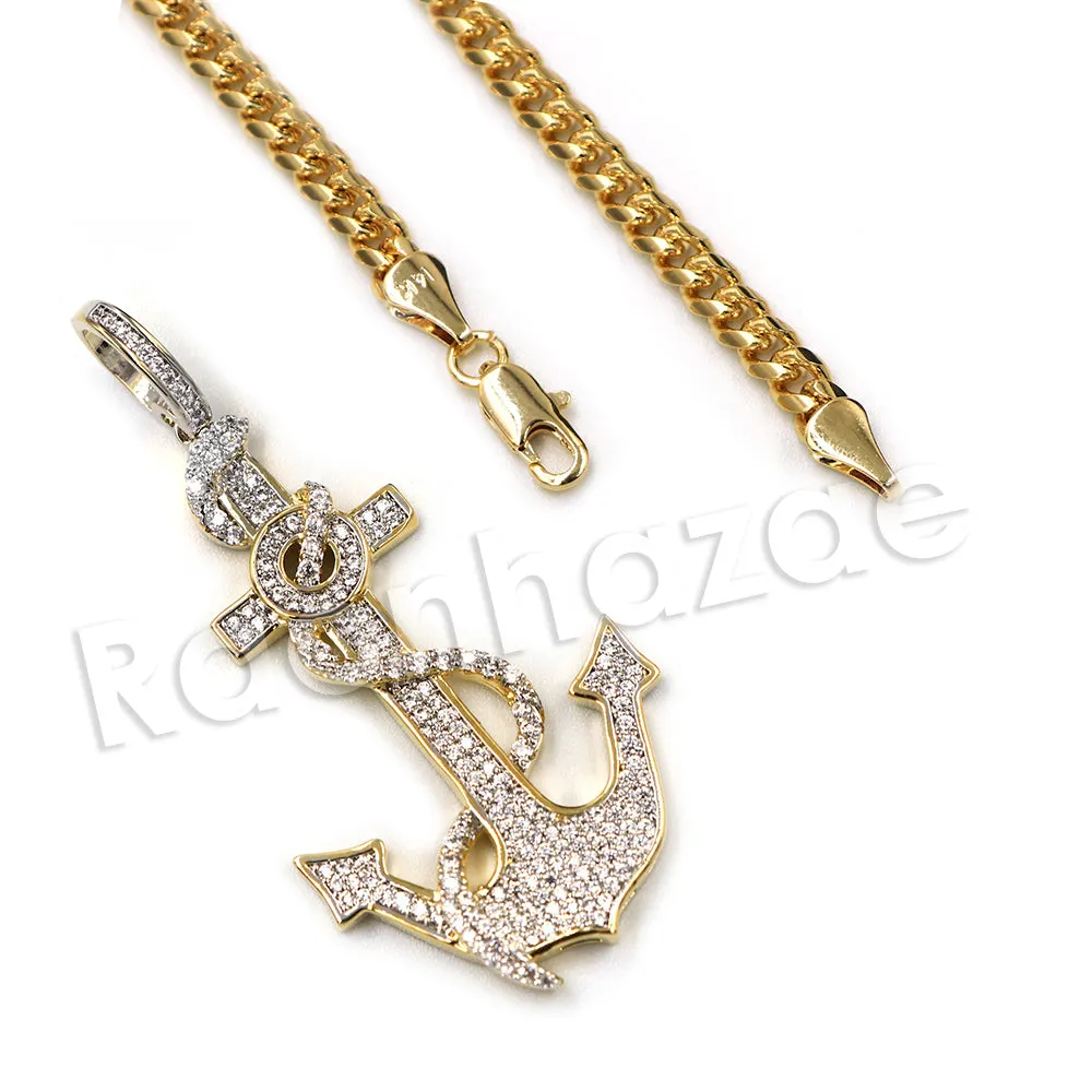 14K PT Gold SAILOR ANCHOR Pendant W/5mm 24" 30" Cuban Chain