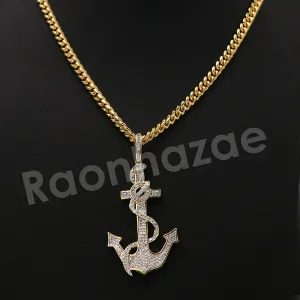14K PT Gold SAILOR ANCHOR Pendant W/5mm 24" 30" Cuban Chain