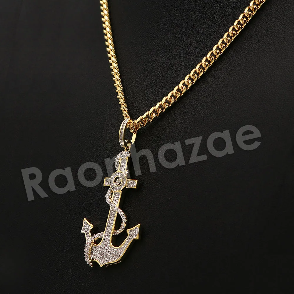 14K PT Gold SAILOR ANCHOR Pendant W/5mm 24" 30" Cuban Chain