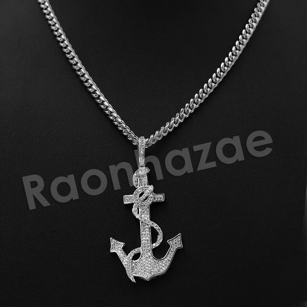 14K PT Gold SAILOR ANCHOR Pendant W/5mm 24" 30" Cuban Chain