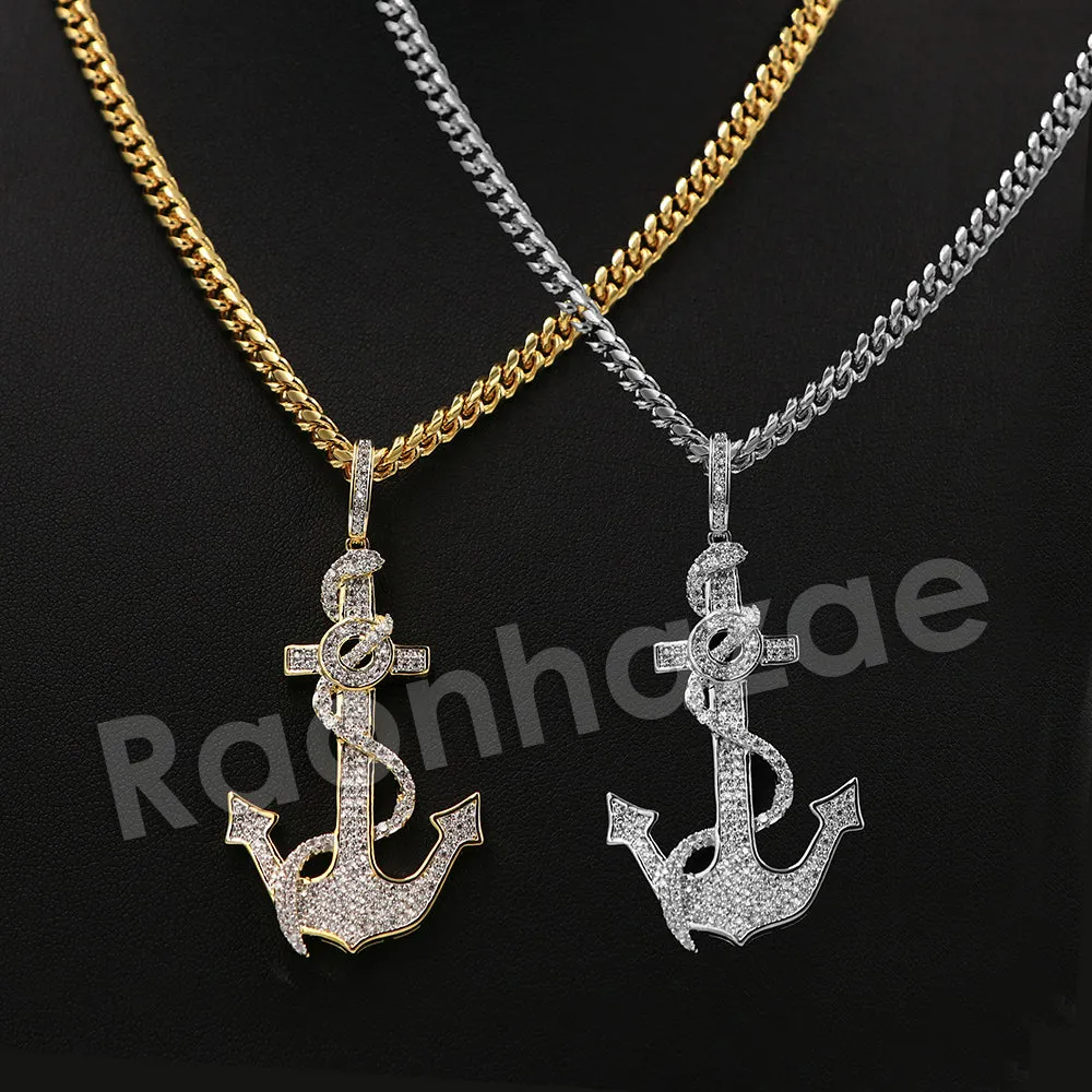 14K PT Gold SAILOR ANCHOR Pendant W/5mm 24" 30" Cuban Chain