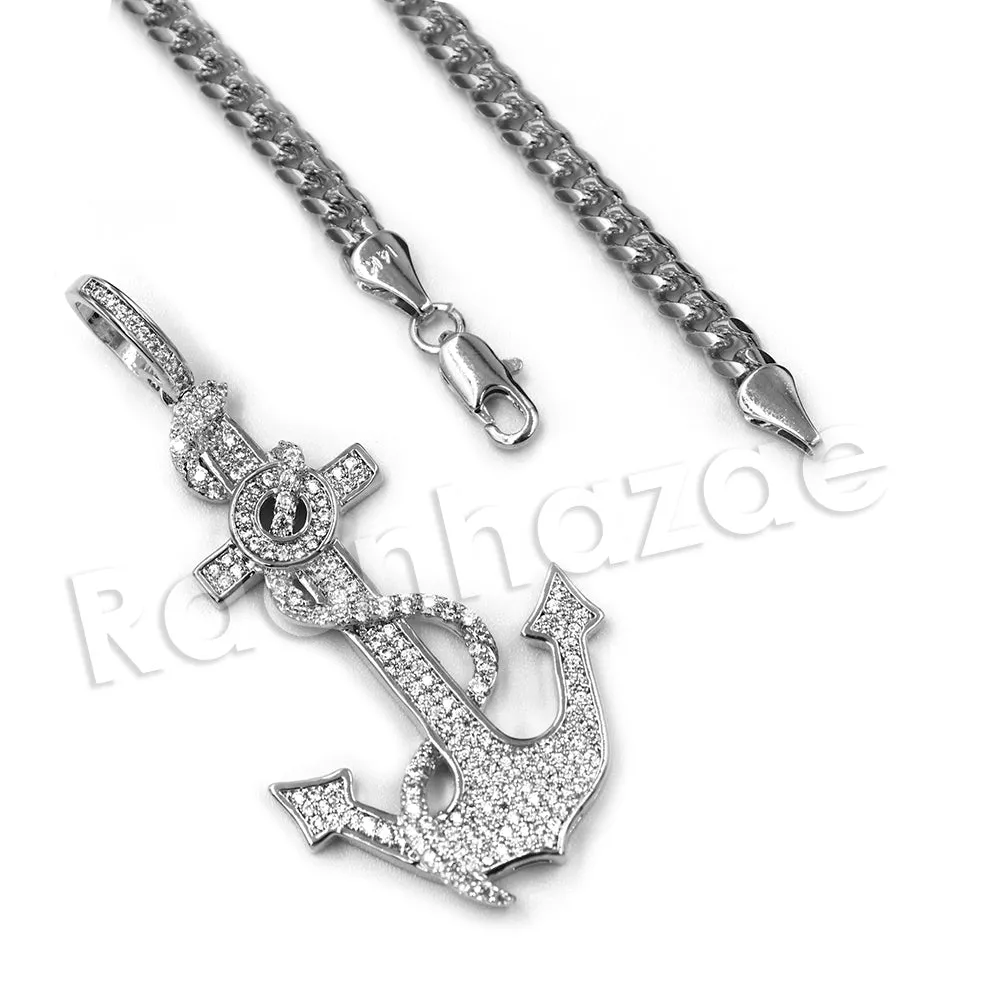 14K PT Gold SAILOR ANCHOR Pendant W/5mm 24" 30" Cuban Chain