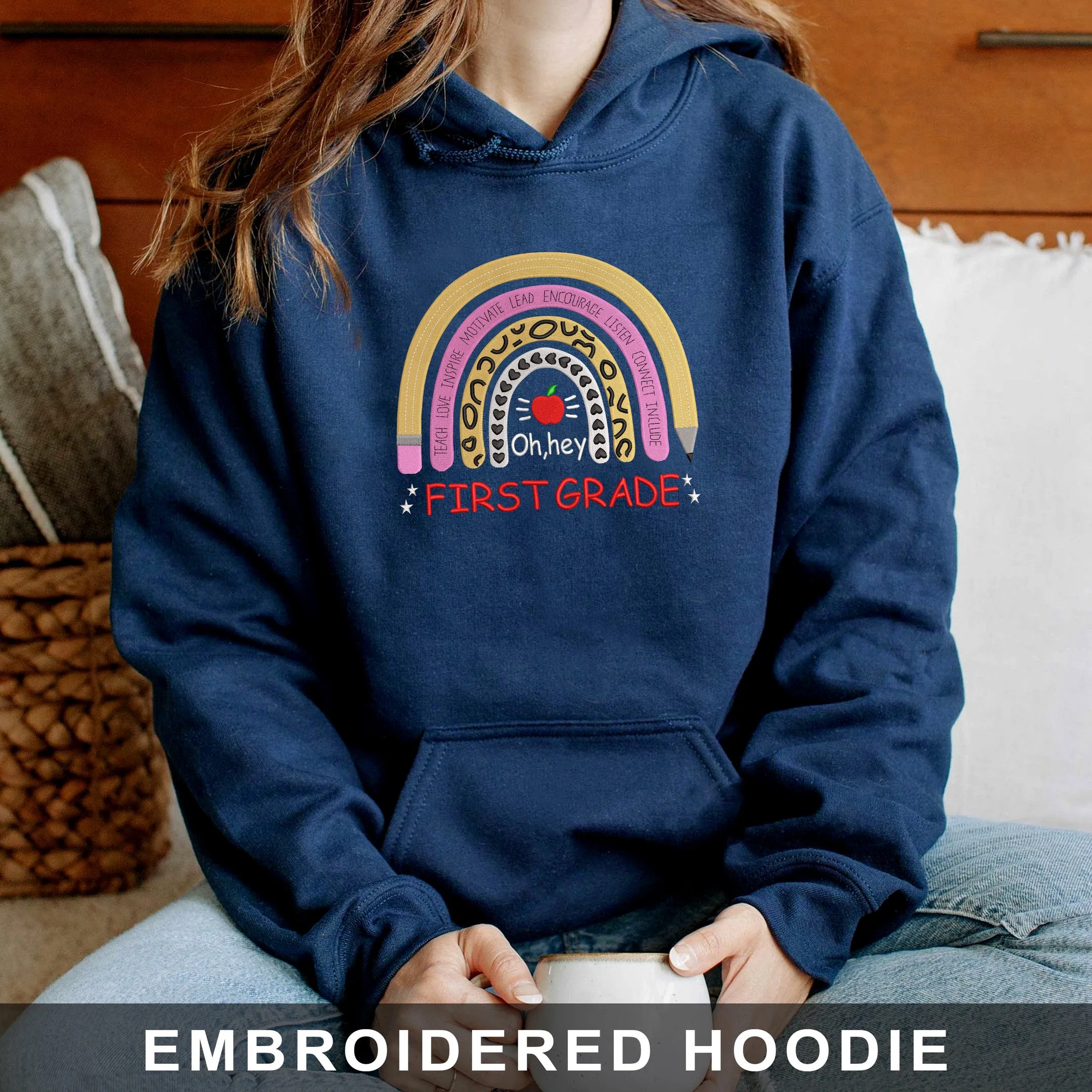 1st Grade Back To School Embroidered Hoodie, Sweatshirt