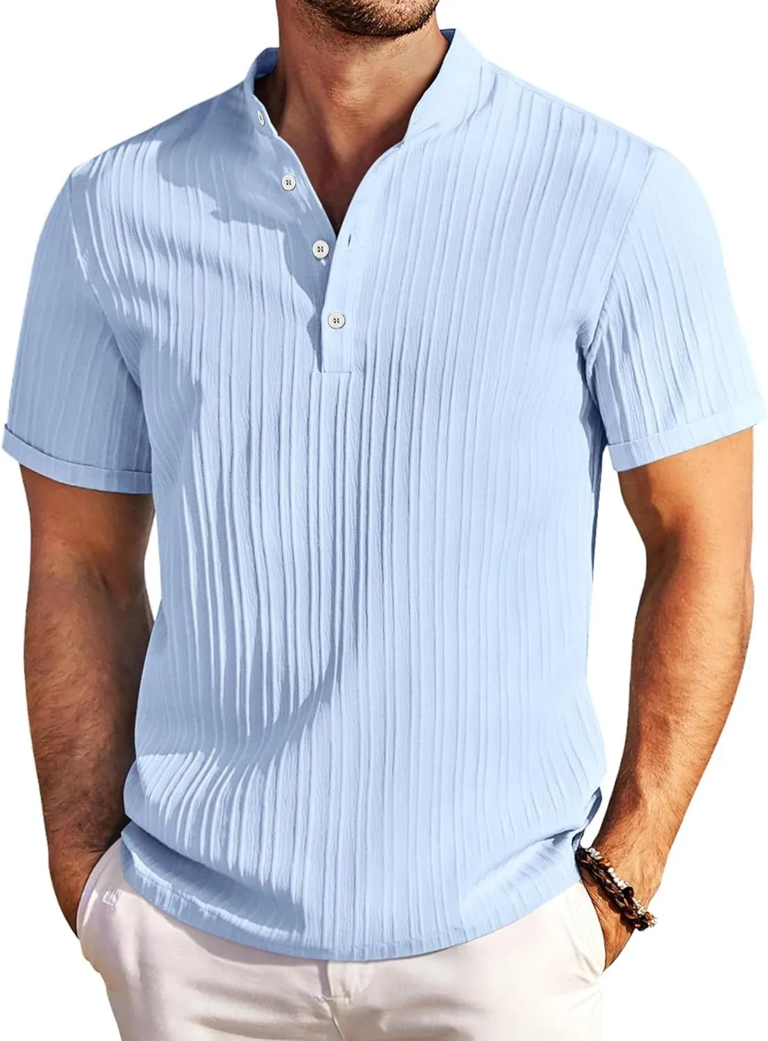 2024 New Fashion Men Striped Shirt Stand Collar Short Sleeve Casual Men Clothing Harajuku Streetwear Summer Sandbeach Shirts