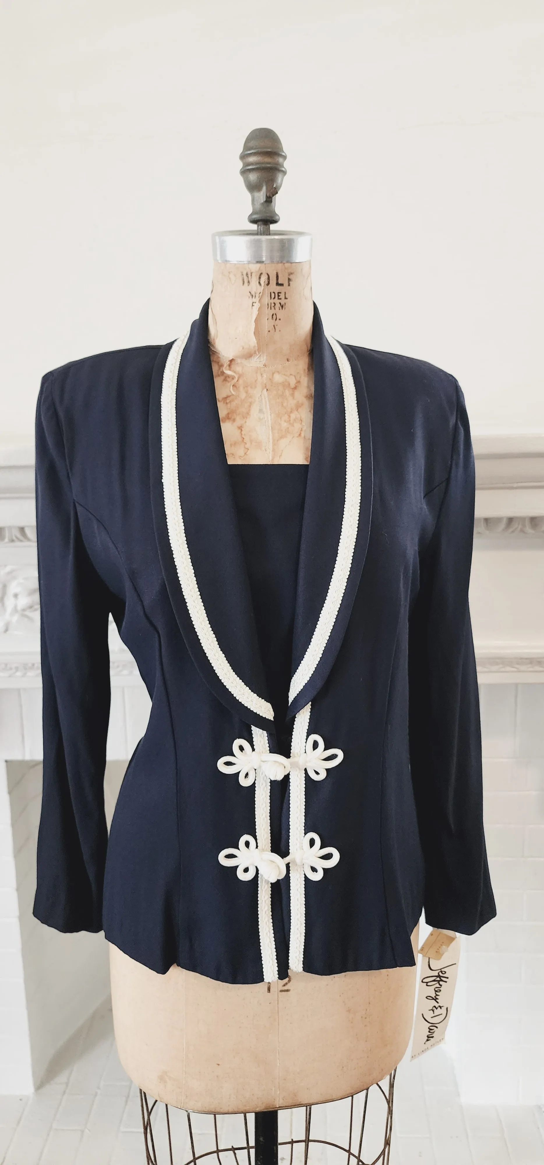 90s Navy Blue Blazer with White Embroidery by Jeffrey & Dara NWT / M
