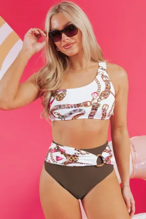 Abstract Print One Shoulder Ring Linked High Waist Bikini
