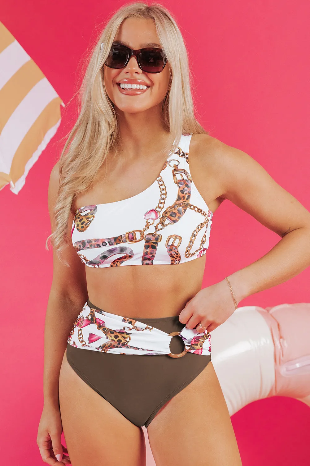Abstract Print One Shoulder Ring Linked High Waist Bikini