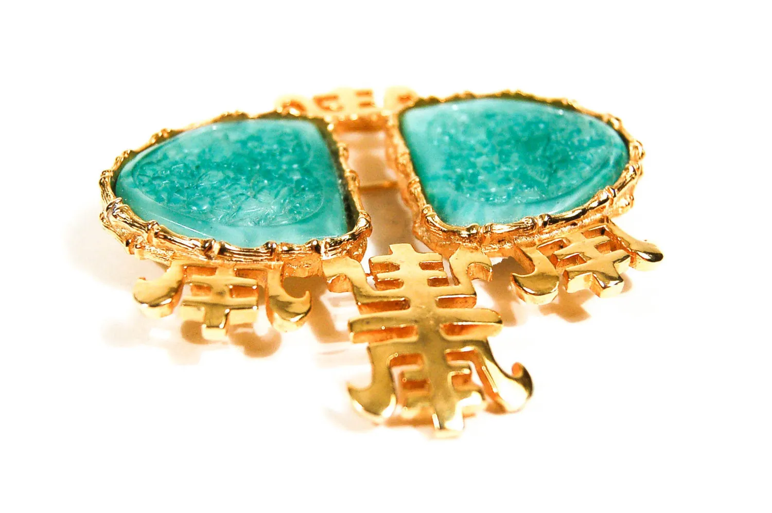 Asian Inspired Carved Faux Jade Brooch by Castlecliff