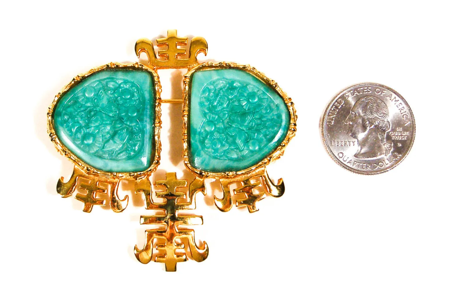 Asian Inspired Carved Faux Jade Brooch by Castlecliff
