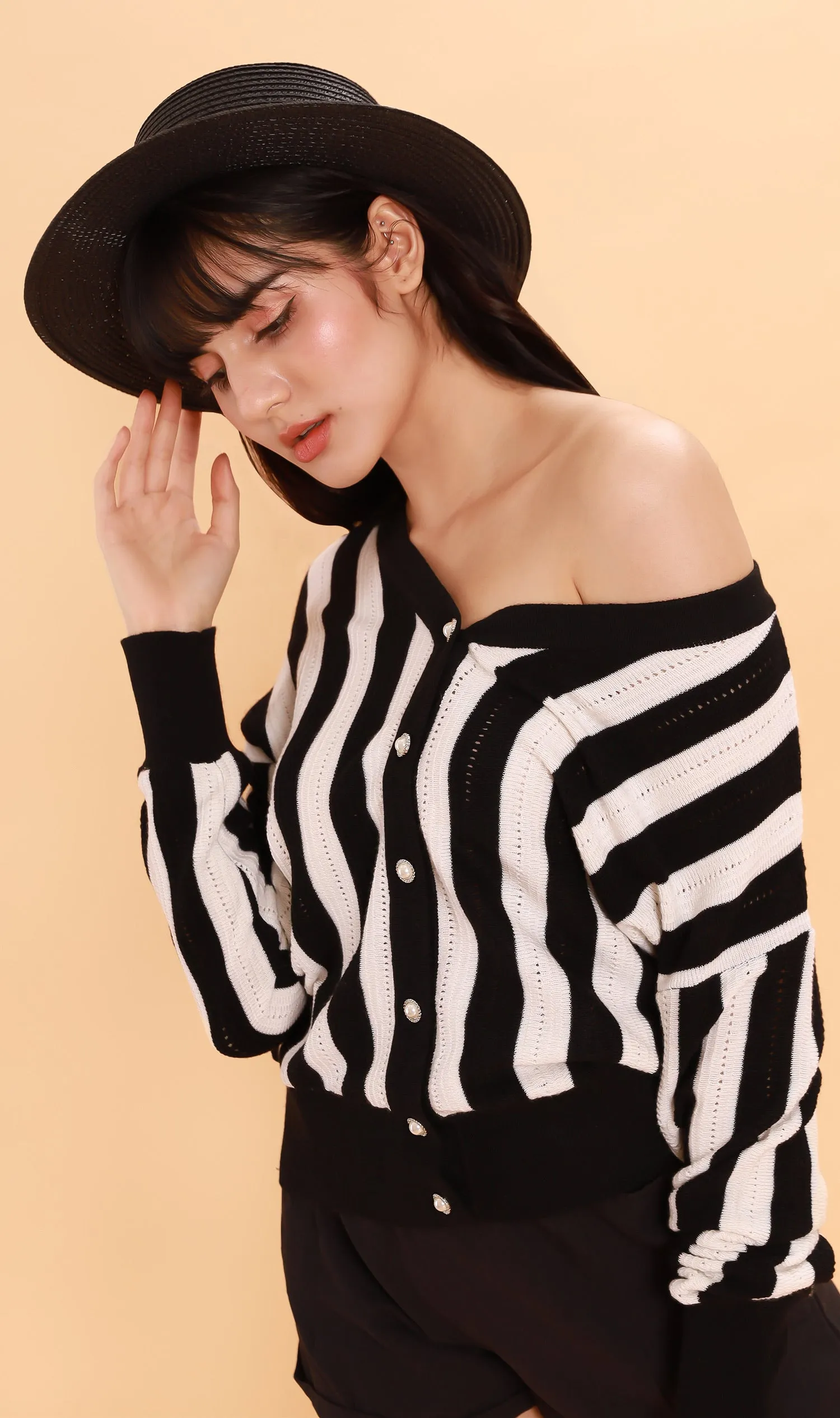 AUDREY Striped Button-Down Cardi (Black/White)