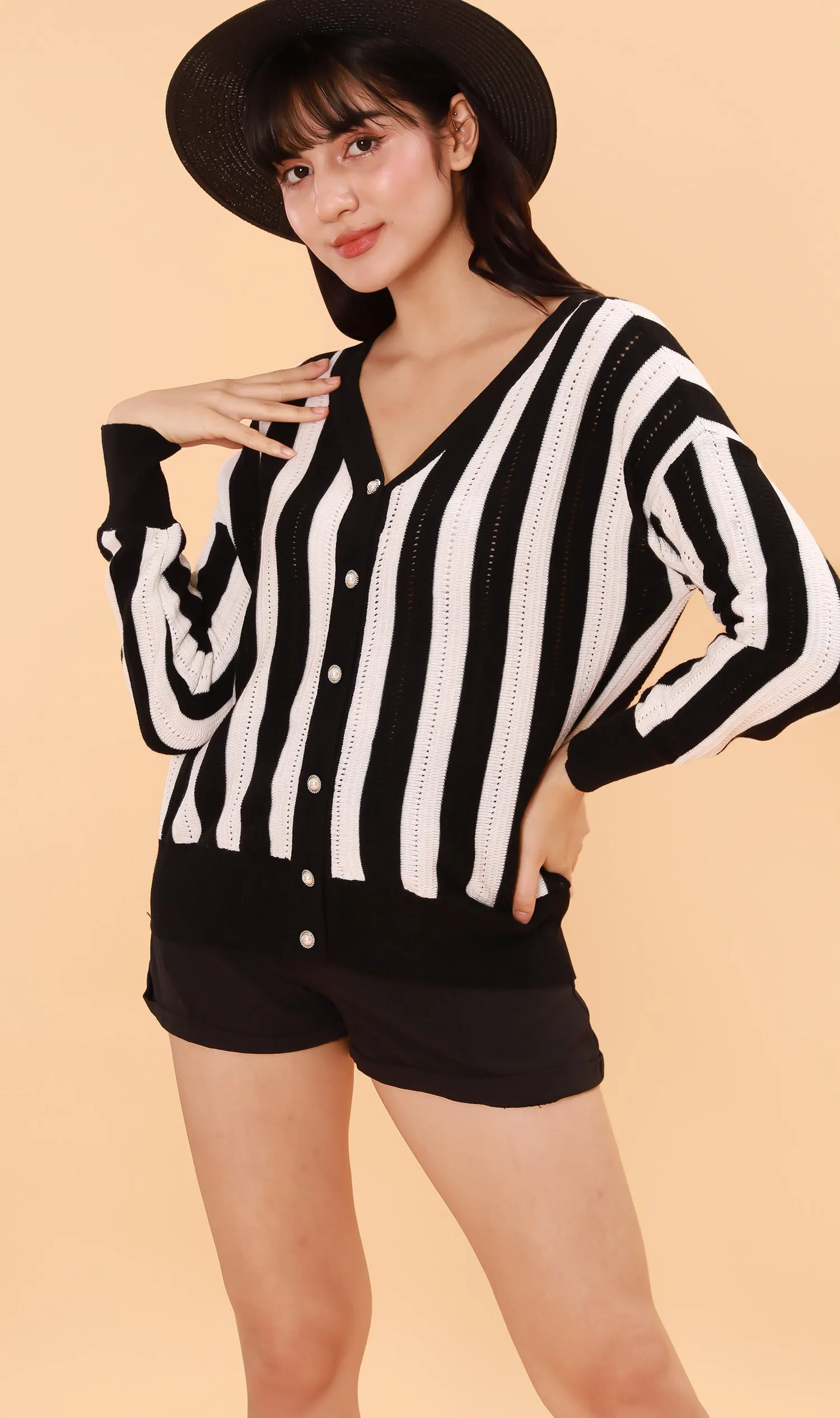 AUDREY Striped Button-Down Cardi (Black/White)
