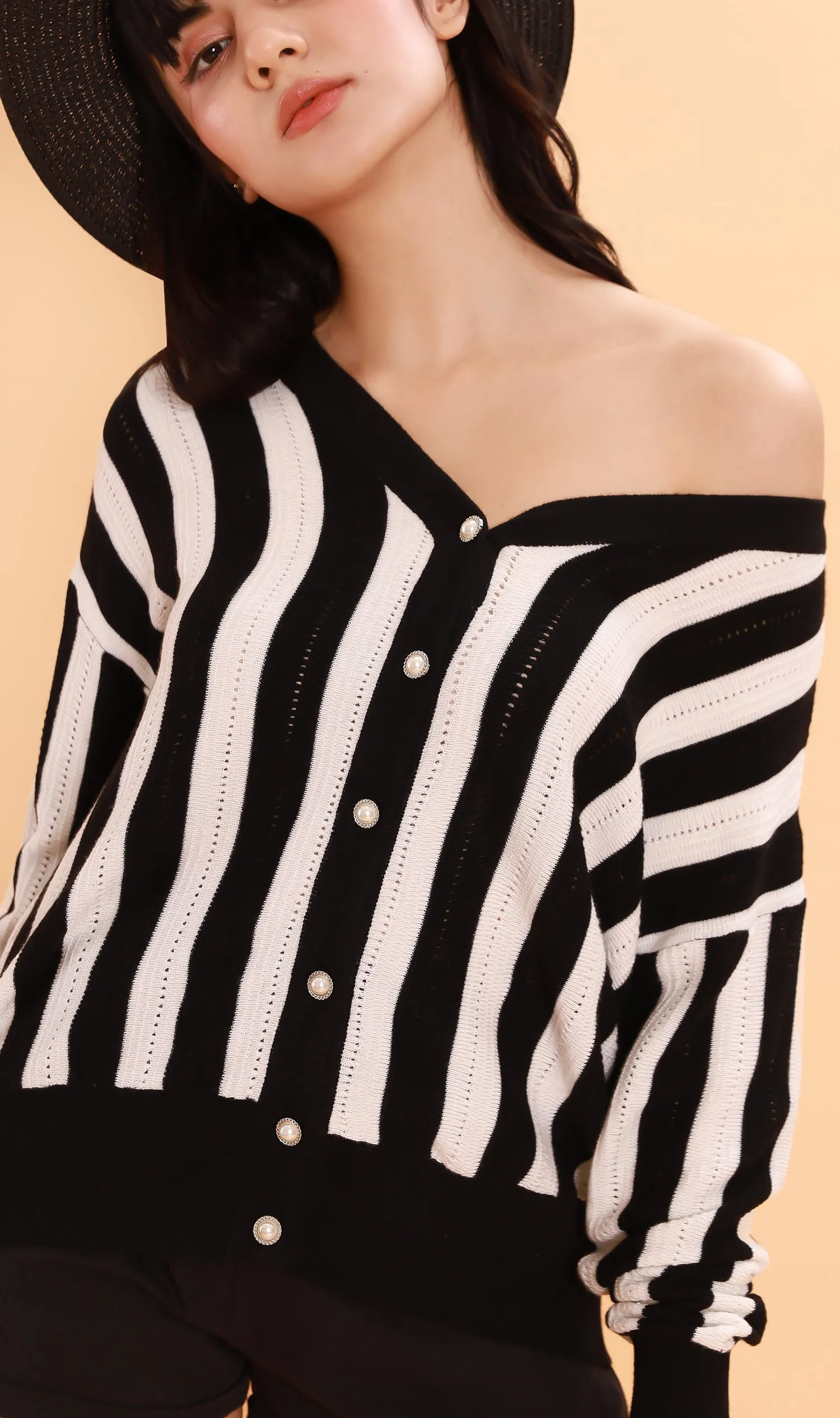 AUDREY Striped Button-Down Cardi (Black/White)