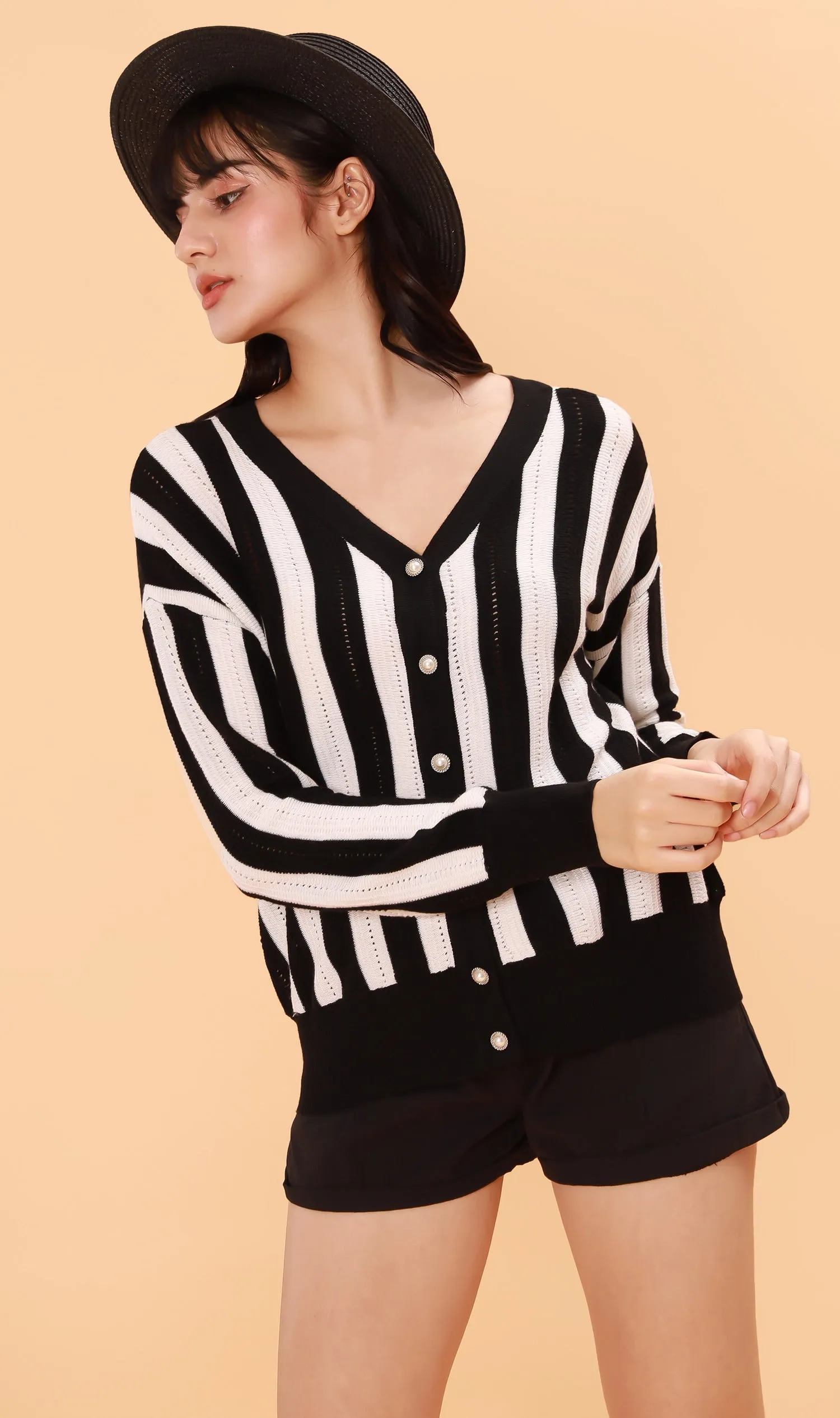 AUDREY Striped Button-Down Cardi (Black/White)
