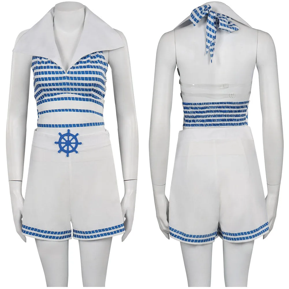 Barbie 2023 Blue Striped Beach Outfits Cosplay Costume Halloween Carnival Suit