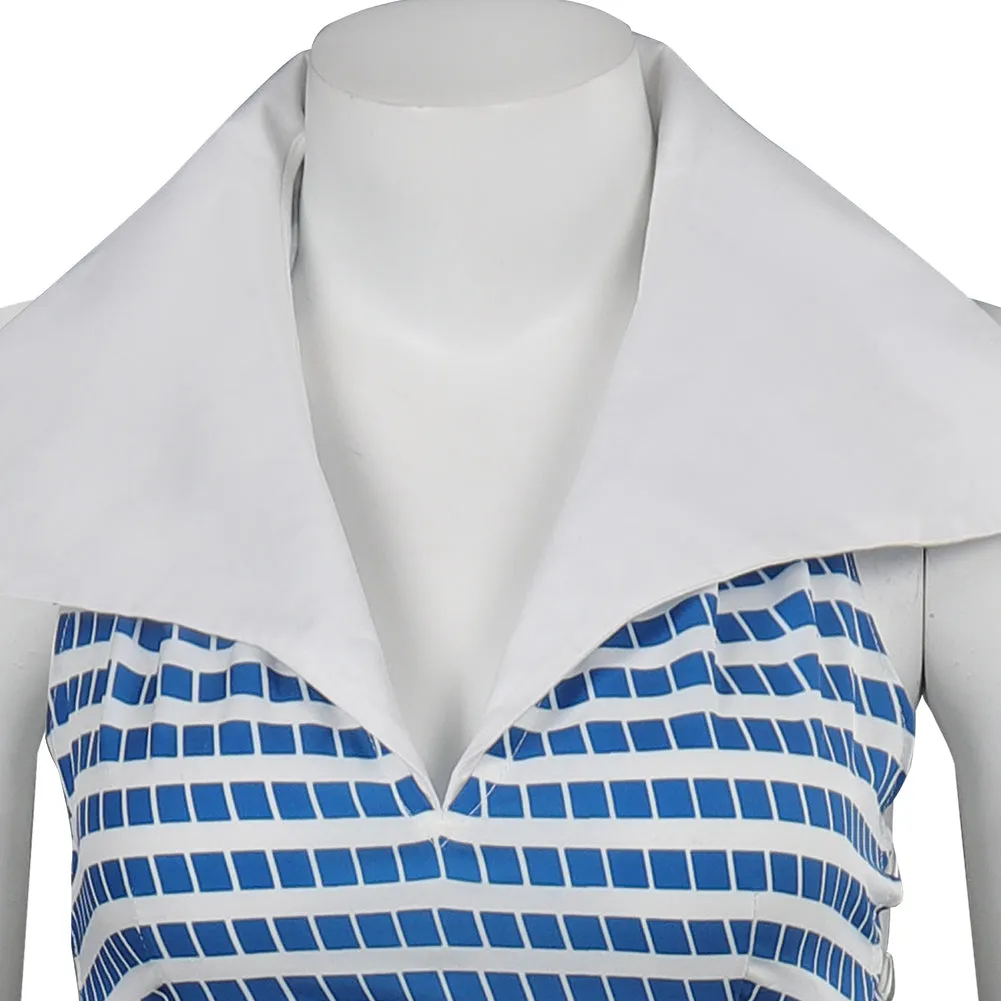 Barbie 2023 Blue Striped Beach Outfits Cosplay Costume Halloween Carnival Suit