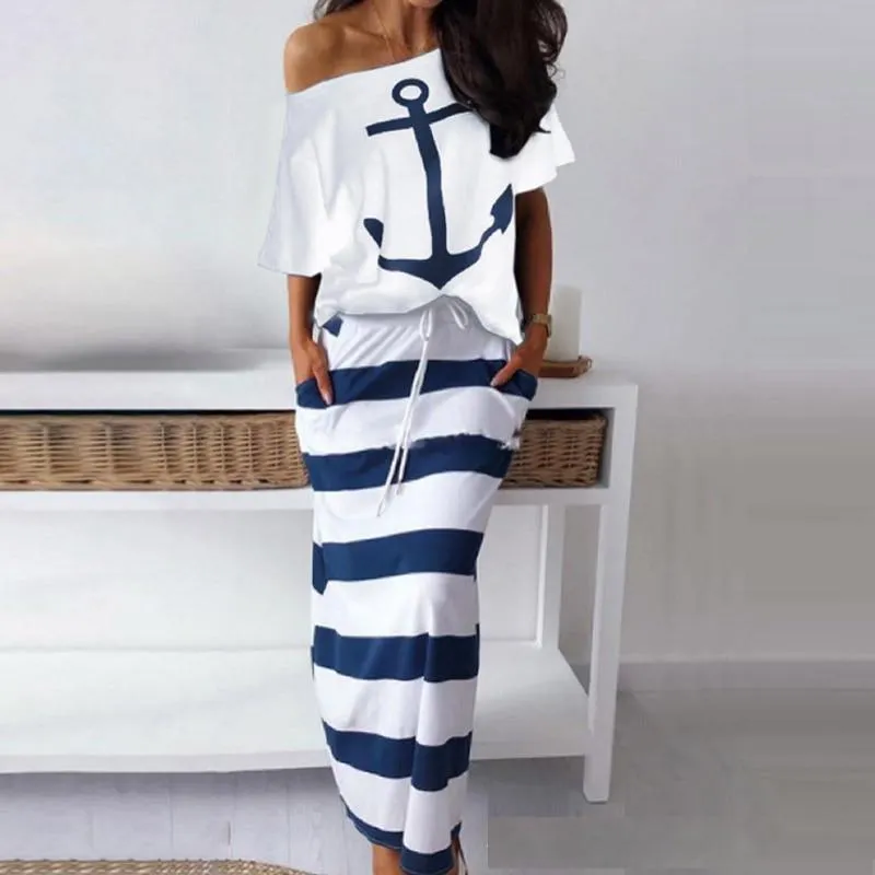Blue & White Stripe Anchor Two Piece Summer Dress
