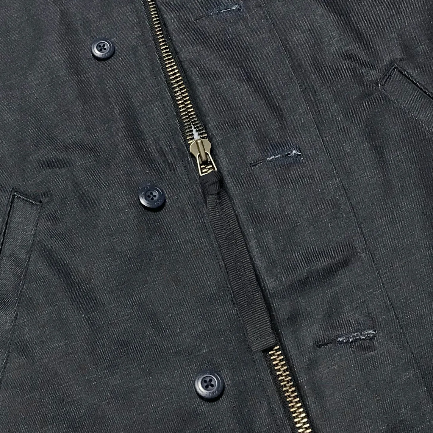 BZEN M.3260 N1R-WX REGULAR FIT WAXED BLACK OVER BLUE DENIM N1 DECK JACKET-11.5OZ-WAX BLACK-CAUTION CAN NEVER WASH