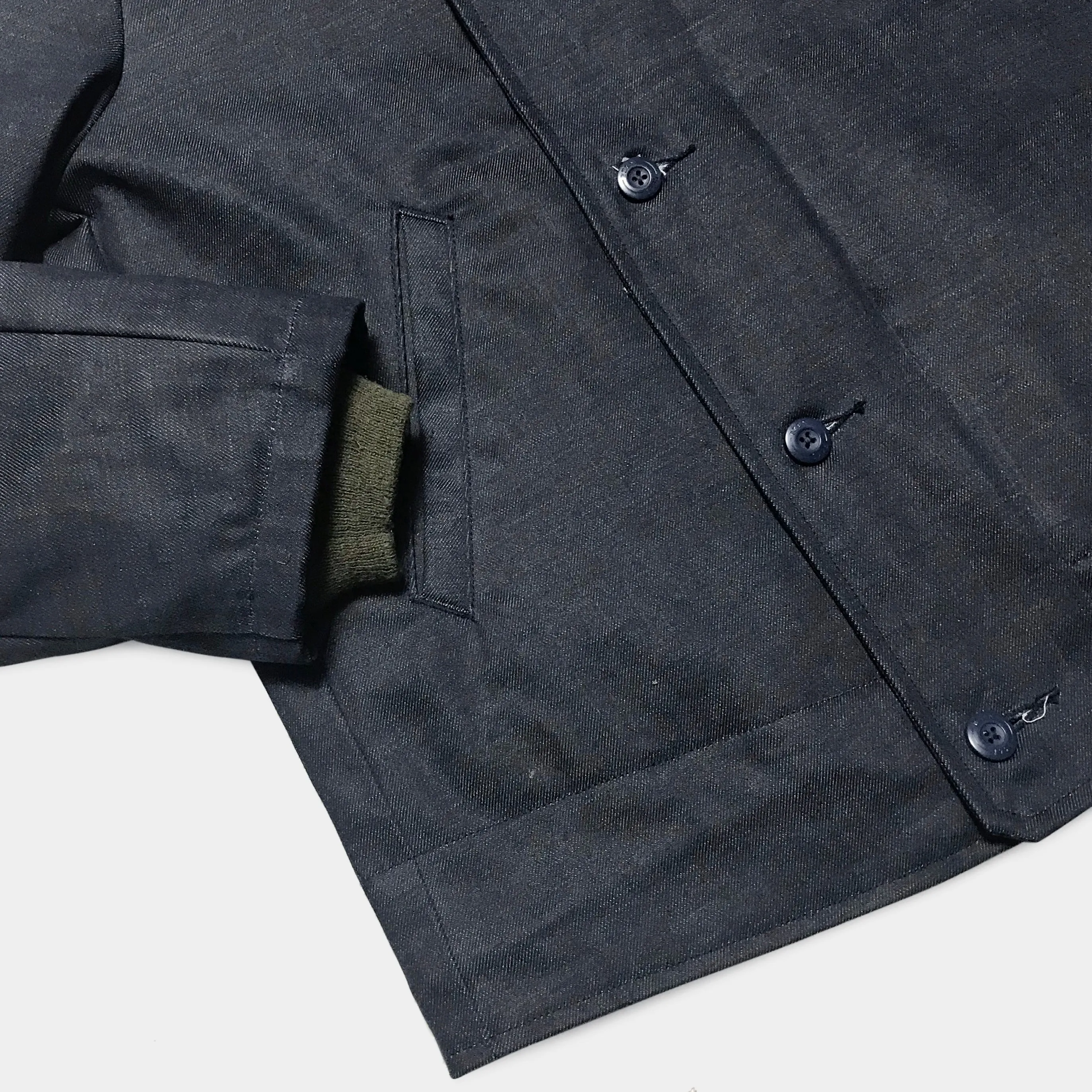 BZEN M.3260 N1R-WX REGULAR FIT WAXED BLACK OVER BLUE DENIM N1 DECK JACKET-11.5OZ-WAX BLACK-CAUTION CAN NEVER WASH