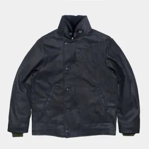 BZEN M.3260 N1R-WX REGULAR FIT WAXED BLACK OVER BLUE DENIM N1 DECK JACKET-11.5OZ-WAX BLACK-CAUTION CAN NEVER WASH