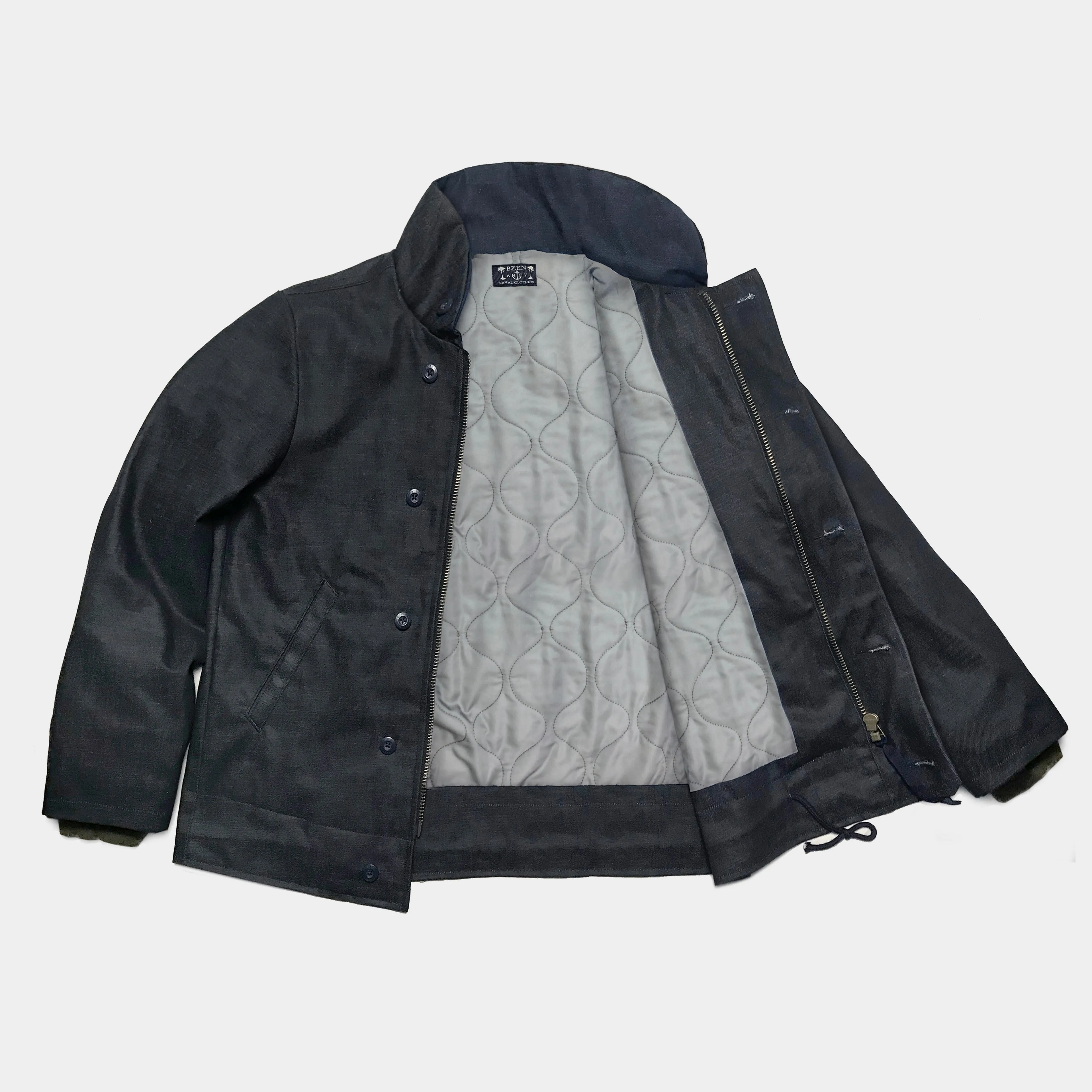 BZEN M.3260 N1R-WX REGULAR FIT WAXED BLACK OVER BLUE DENIM N1 DECK JACKET-11.5OZ-WAX BLACK-CAUTION CAN NEVER WASH