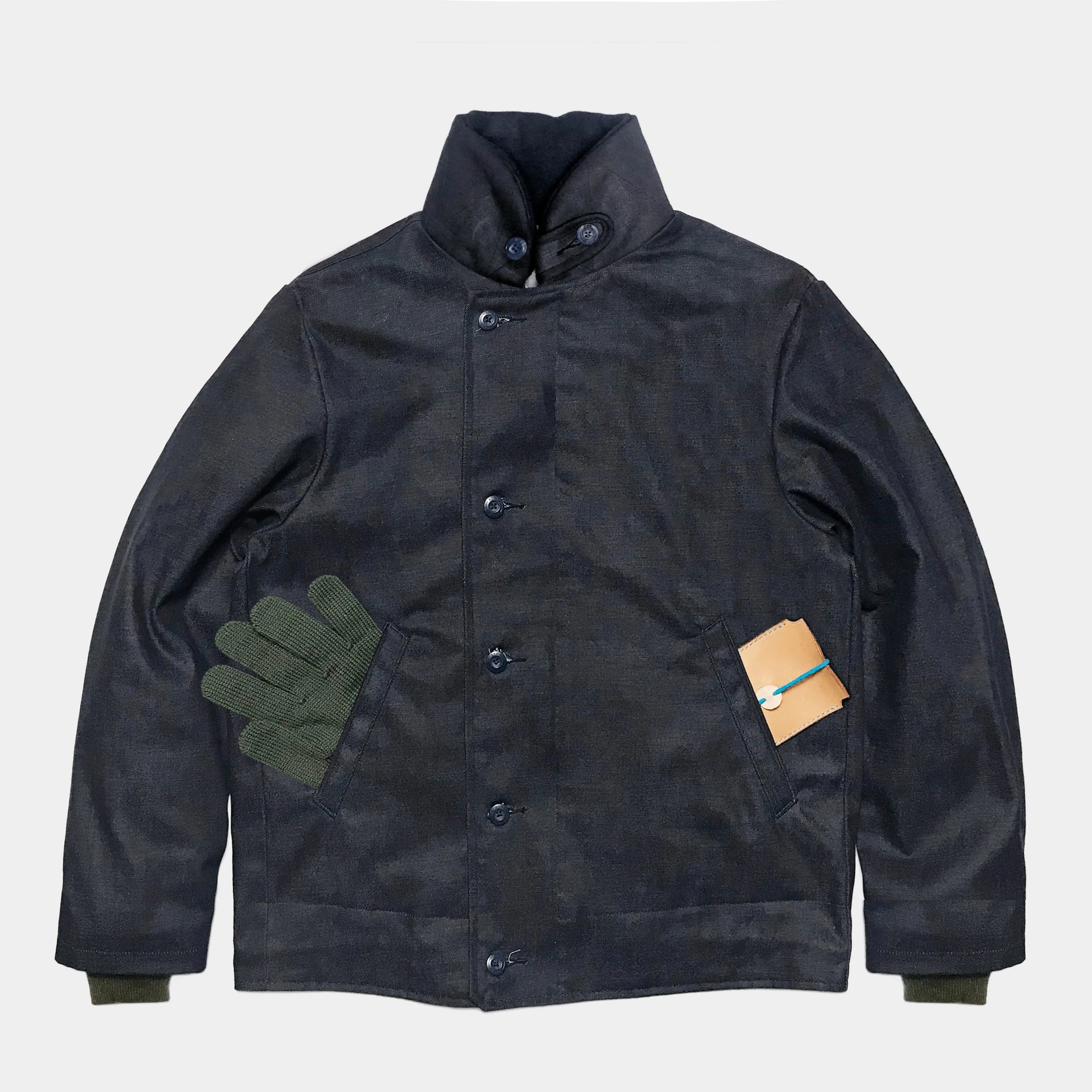 BZEN M.3260 N1R-WX REGULAR FIT WAXED BLACK OVER BLUE DENIM N1 DECK JACKET-11.5OZ-WAX BLACK-CAUTION CAN NEVER WASH