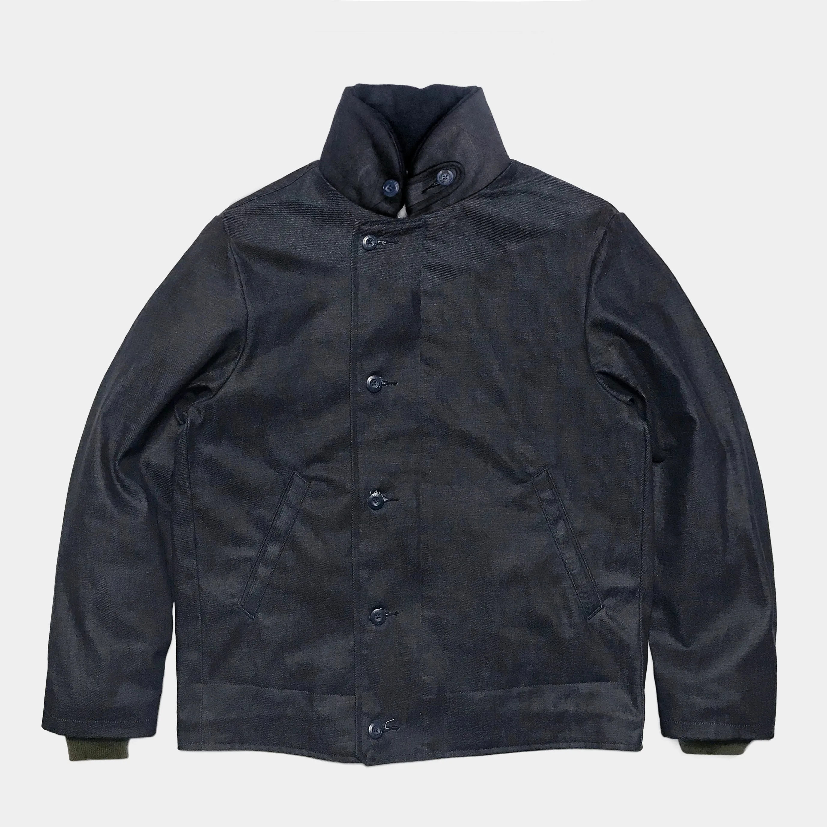 BZEN M.3260 N1R-WX REGULAR FIT WAXED BLACK OVER BLUE DENIM N1 DECK JACKET-11.5OZ-WAX BLACK-CAUTION CAN NEVER WASH