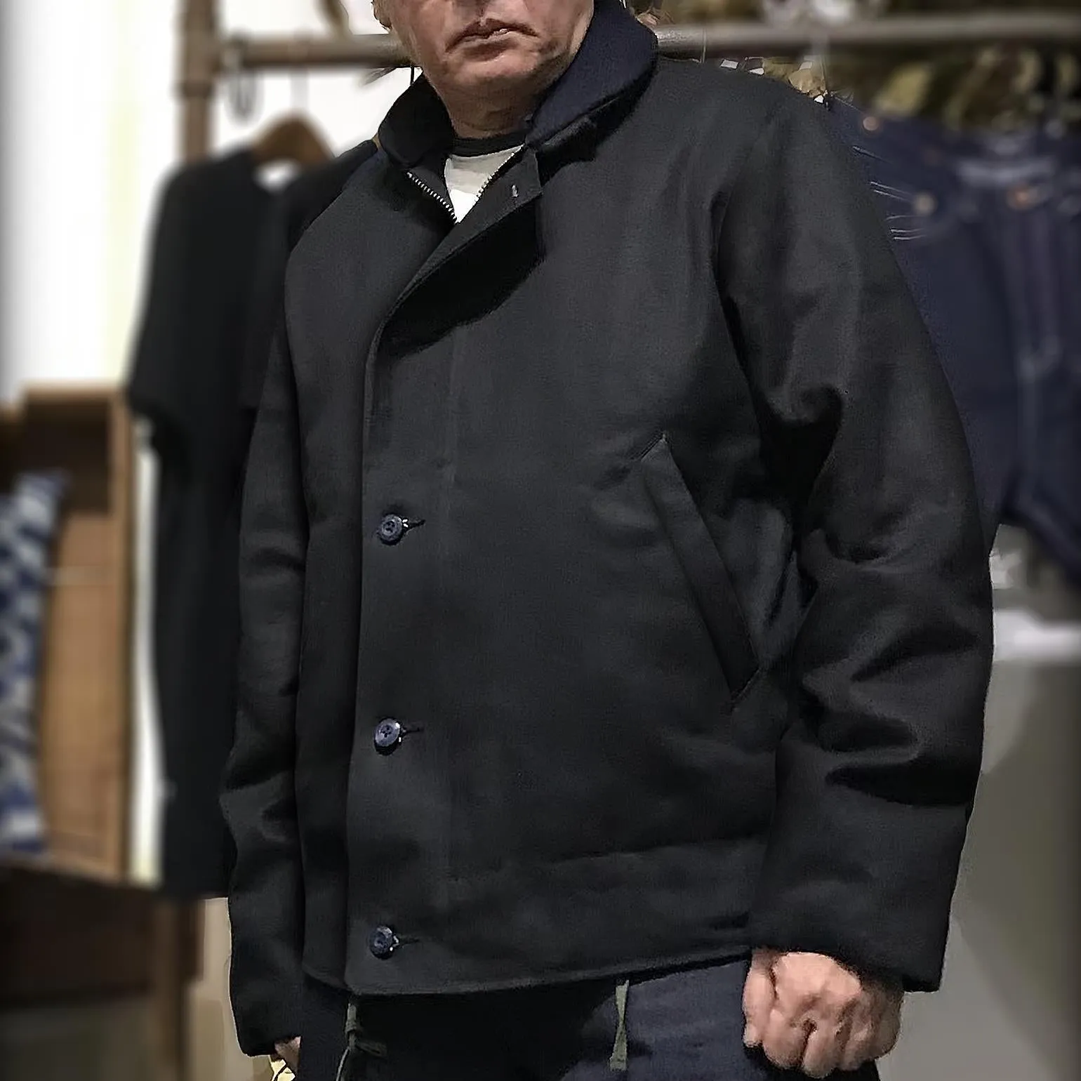 BZEN M.3260 N1R-WX REGULAR FIT WAXED BLACK OVER BLUE DENIM N1 DECK JACKET-11.5OZ-WAX BLACK-CAUTION CAN NEVER WASH