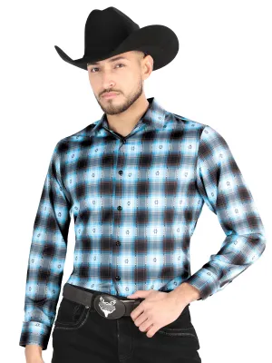 Camisa Vaquera Manga Larga Estampada Cuadros Azul/Negro para Hombre 'El Señor de los Cielos' - ID: 44702