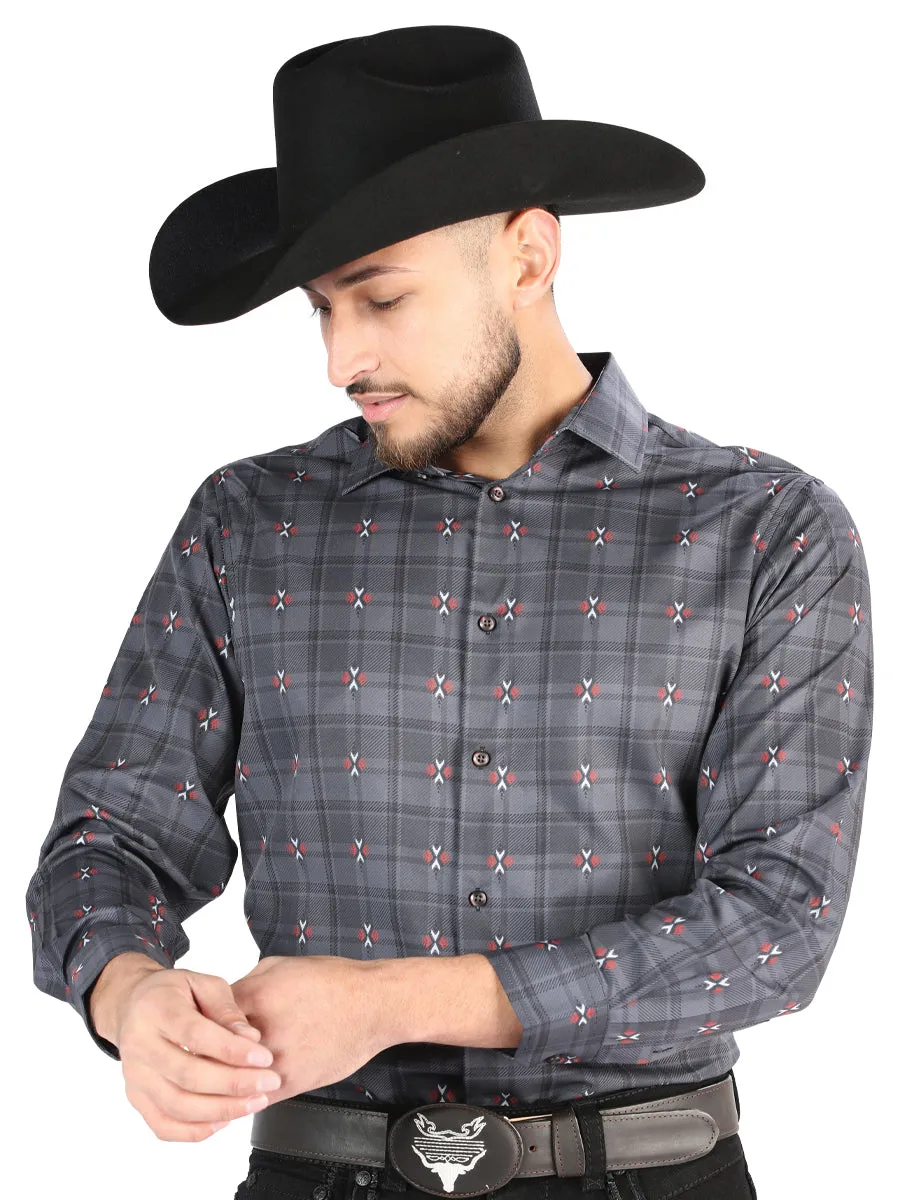 Camisa Vaquera Manga Larga Estampada Cuadros Gris/Cafe para Hombre 'El Señor de los Cielos' - ID: 44708