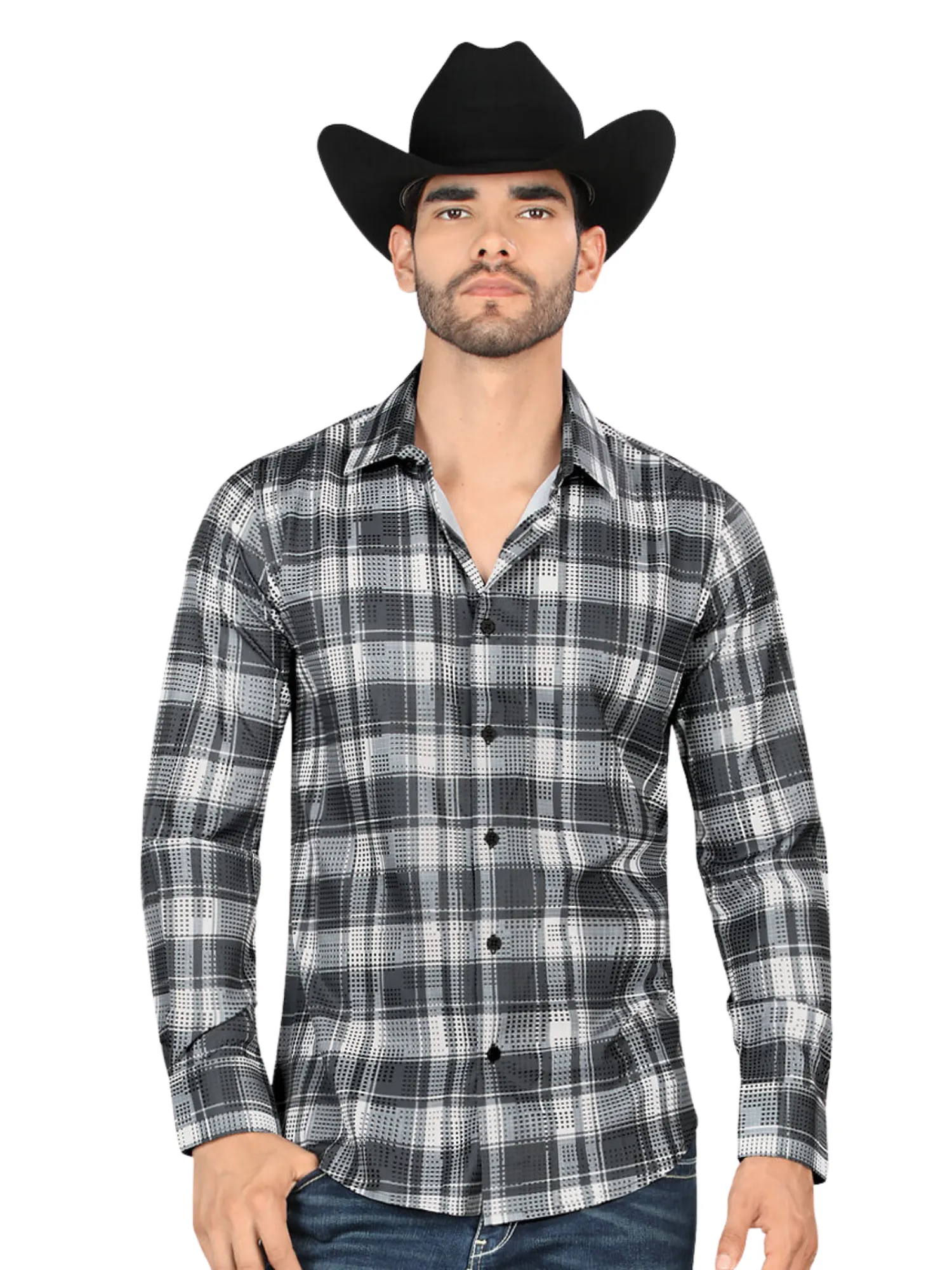 Camisa Vaquera Manga Larga Estampada Cuadros para Hombre 'Montero' - ID: 4010