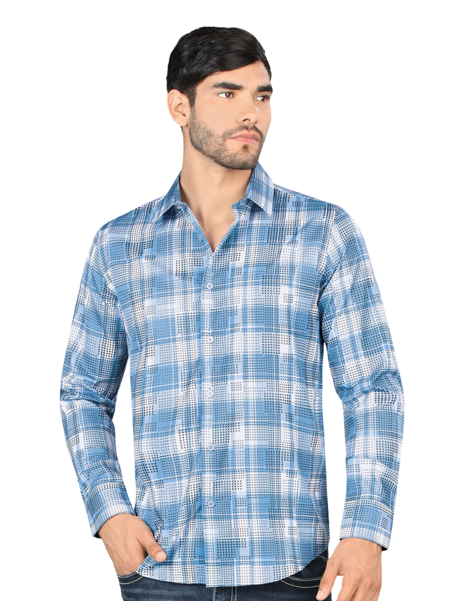 Camisa Vaquera Manga Larga Estampada Cuadros para Hombre 'Montero' - ID: 4010