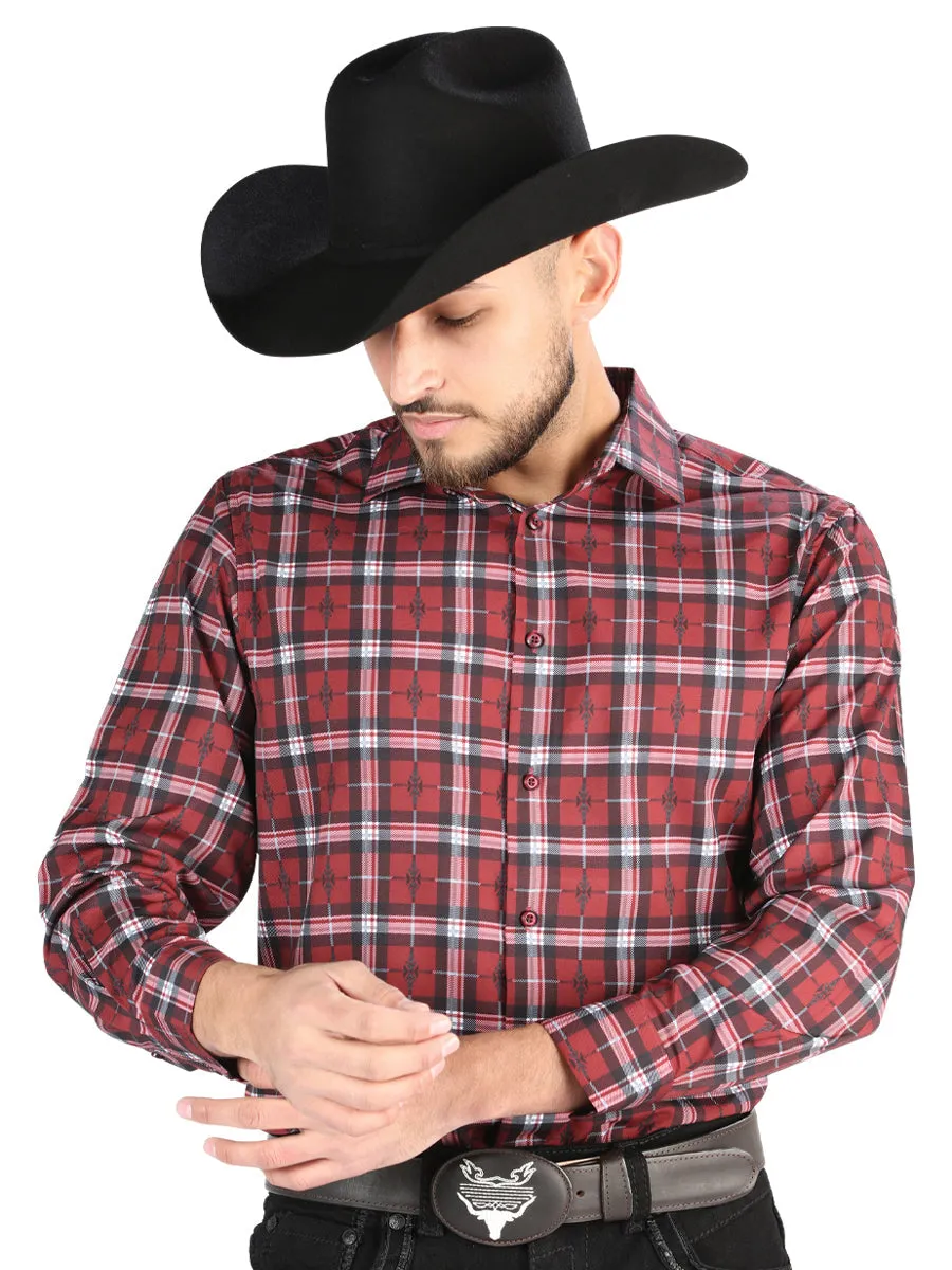 Camisa Vaquera Manga Larga Estampada Cuadros Rojo para Hombre 'El Señor de los Cielos' - ID: 44710