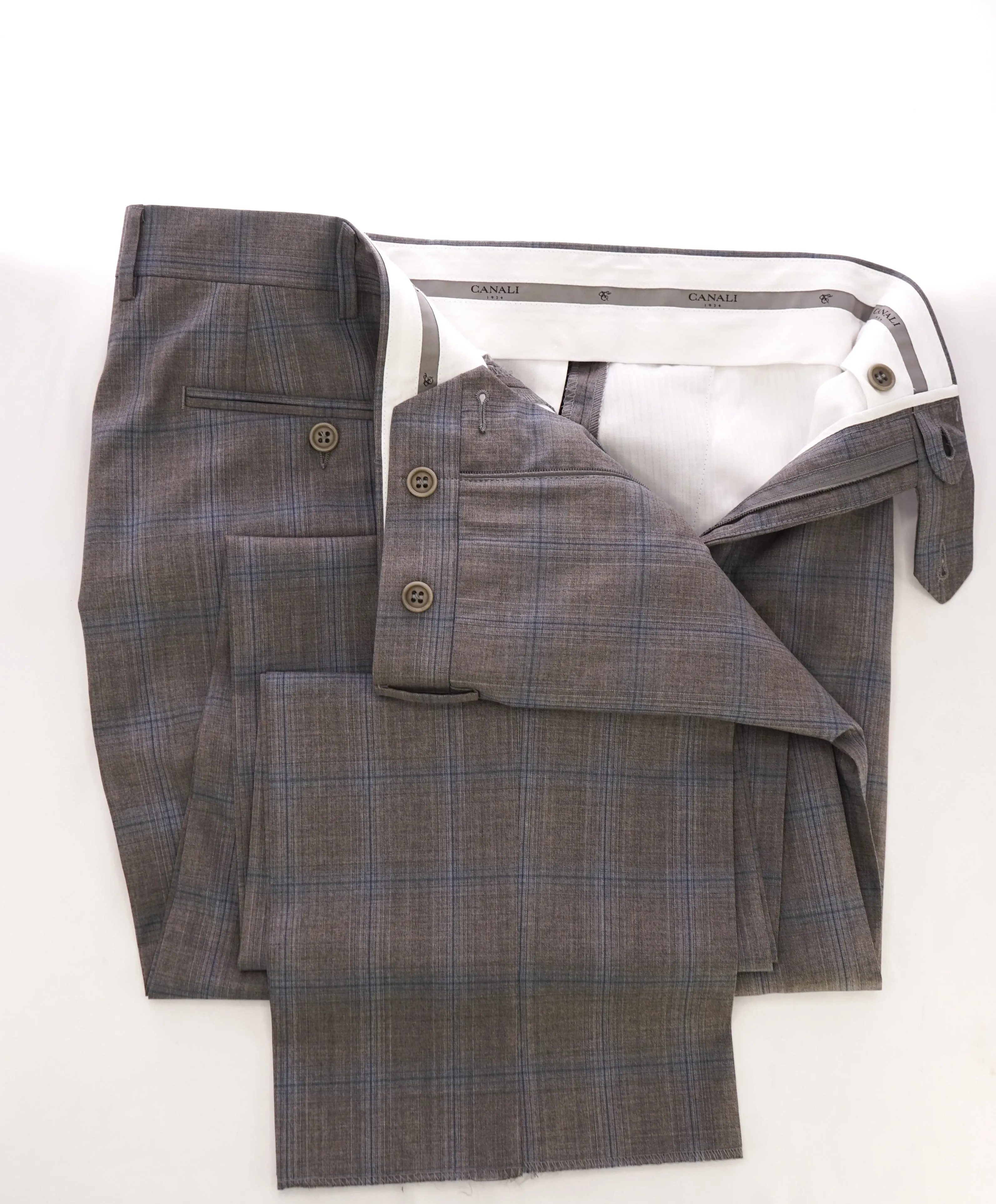 CANALI - Camel & Aqua Blue Plaid Check Flat Front Dress Pants - 38W