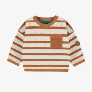 Chandail crème et caramel ligné à manches longues en ratine, bébé || Cream and caramel sweater with long sleeves in terry, baby