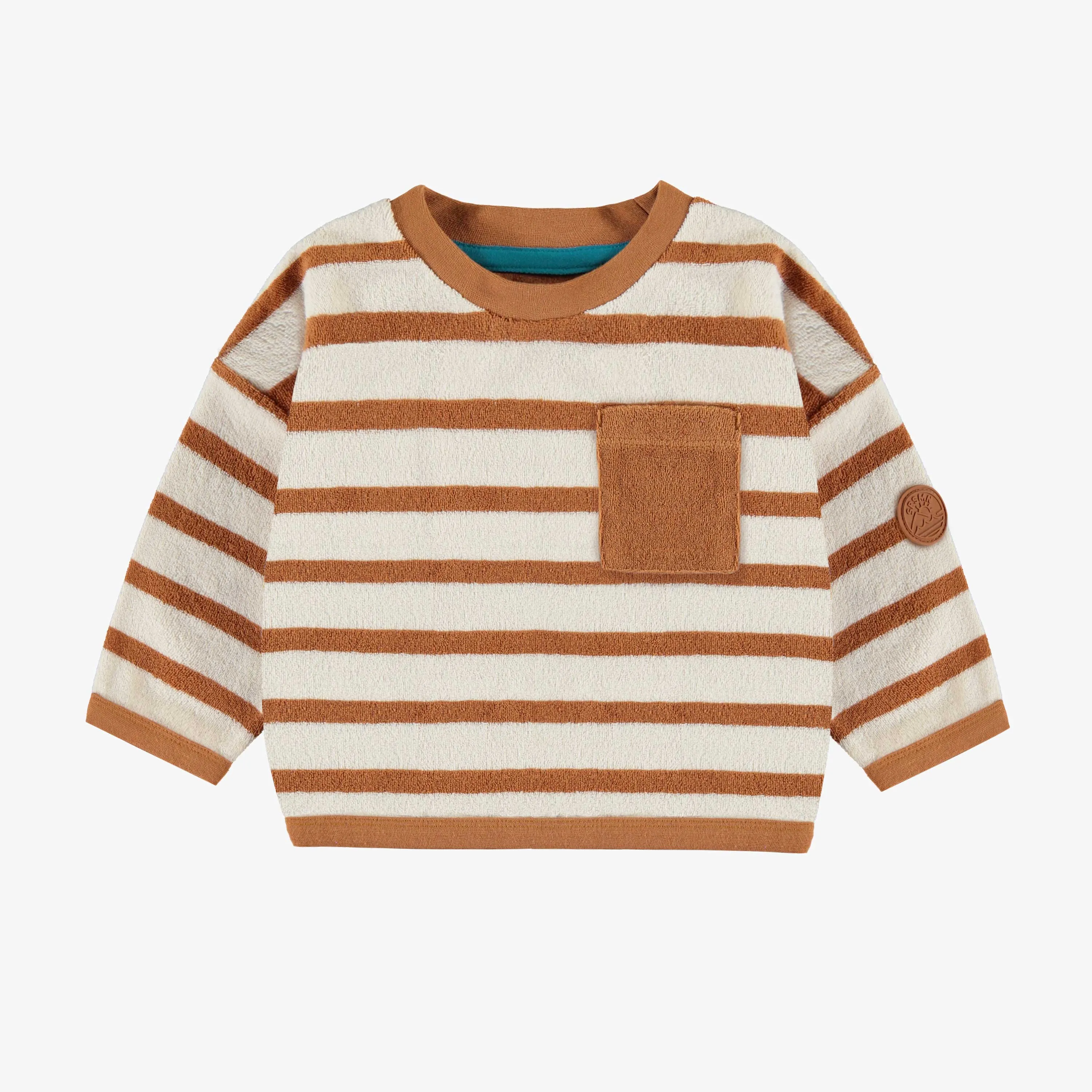 Chandail crème et caramel ligné à manches longues en ratine, bébé || Cream and caramel sweater with long sleeves in terry, baby