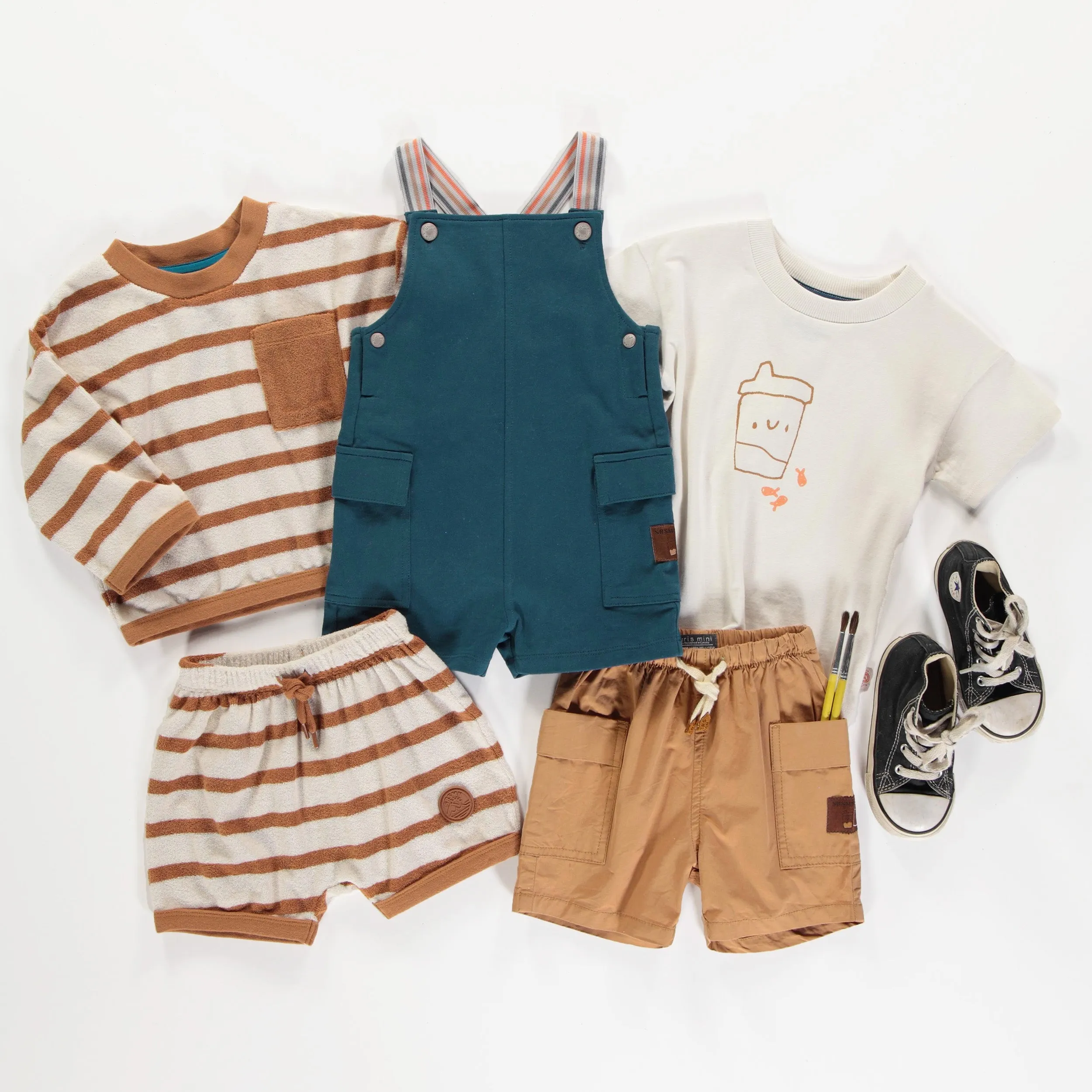 Chandail crème et caramel ligné à manches longues en ratine, bébé || Cream and caramel sweater with long sleeves in terry, baby