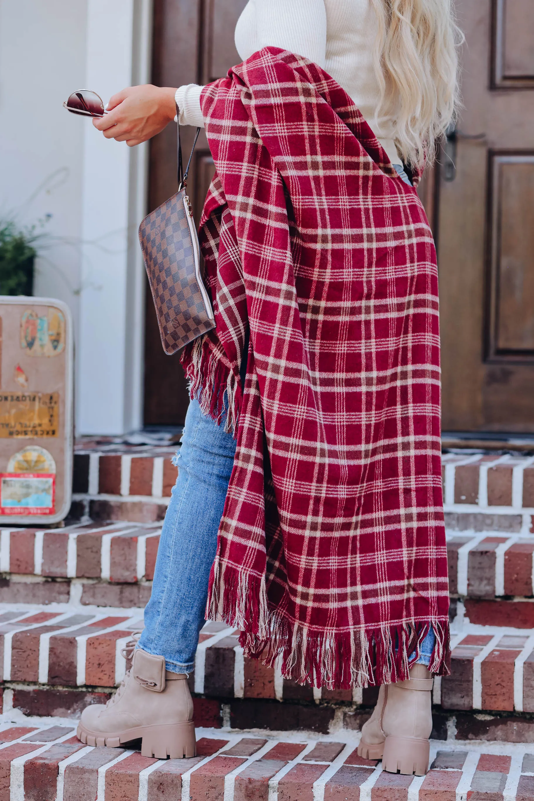 Cherie Plaid Open Front Poncho - Burgundy