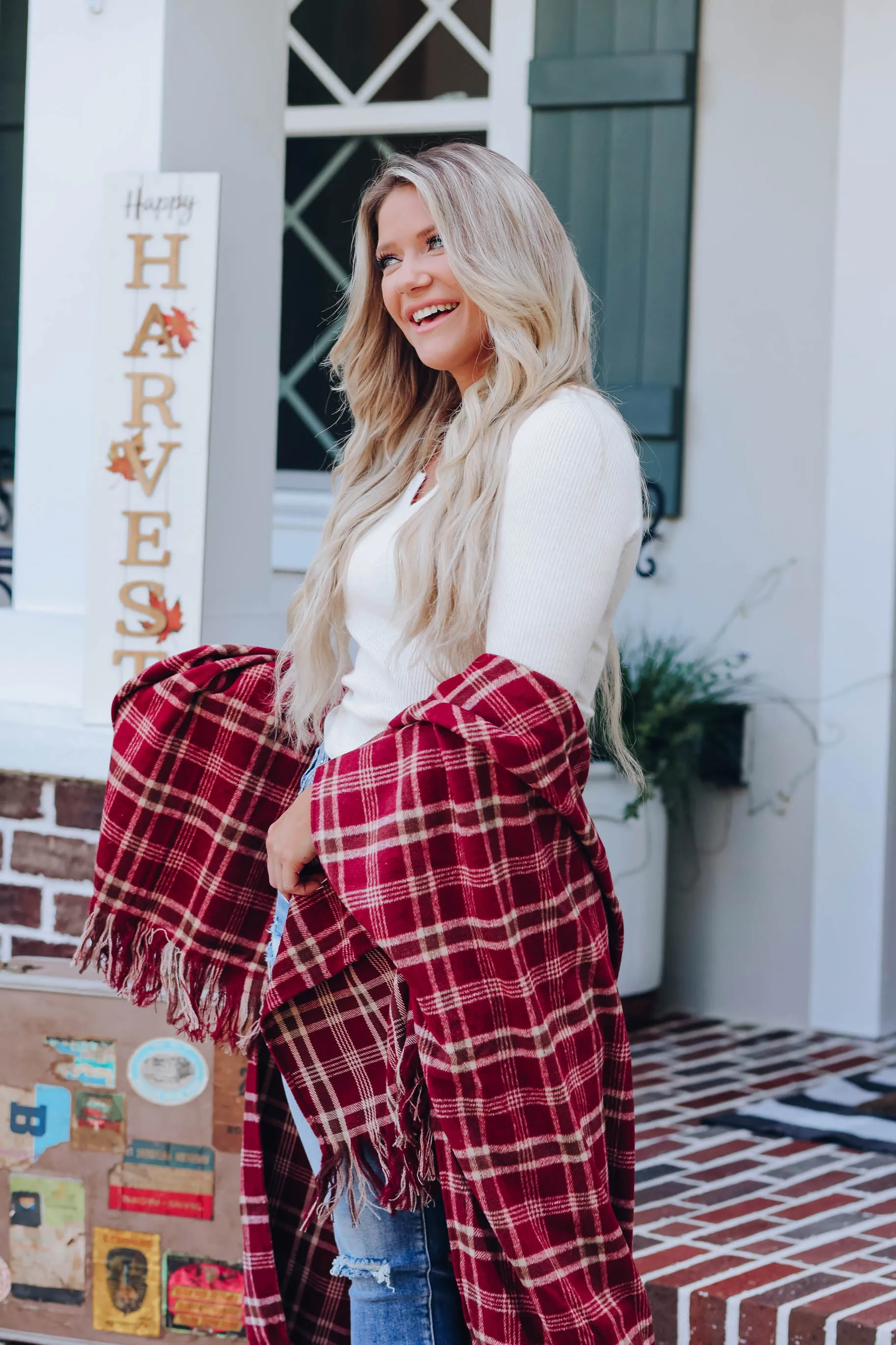Cherie Plaid Open Front Poncho - Burgundy