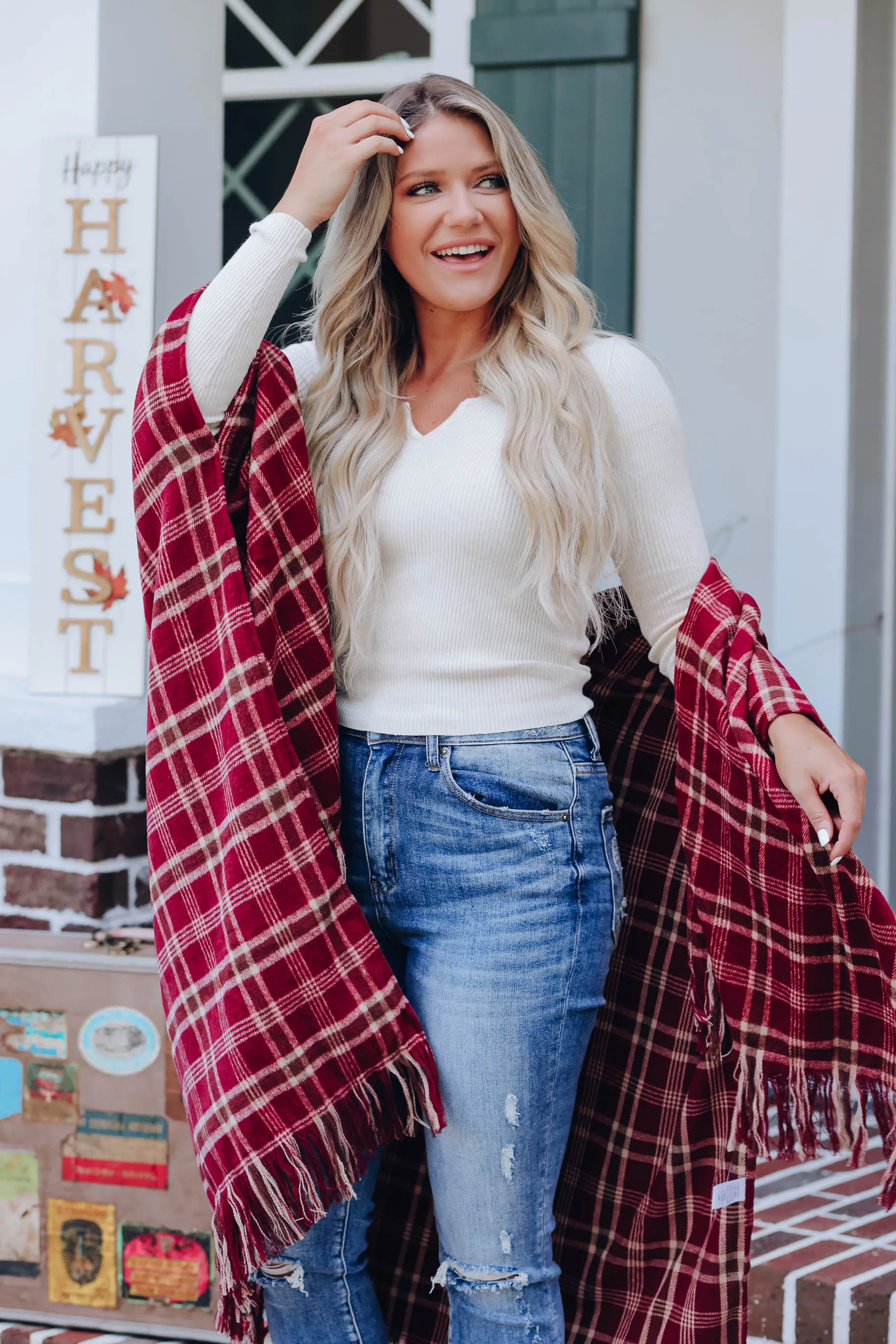 Cherie Plaid Open Front Poncho - Burgundy