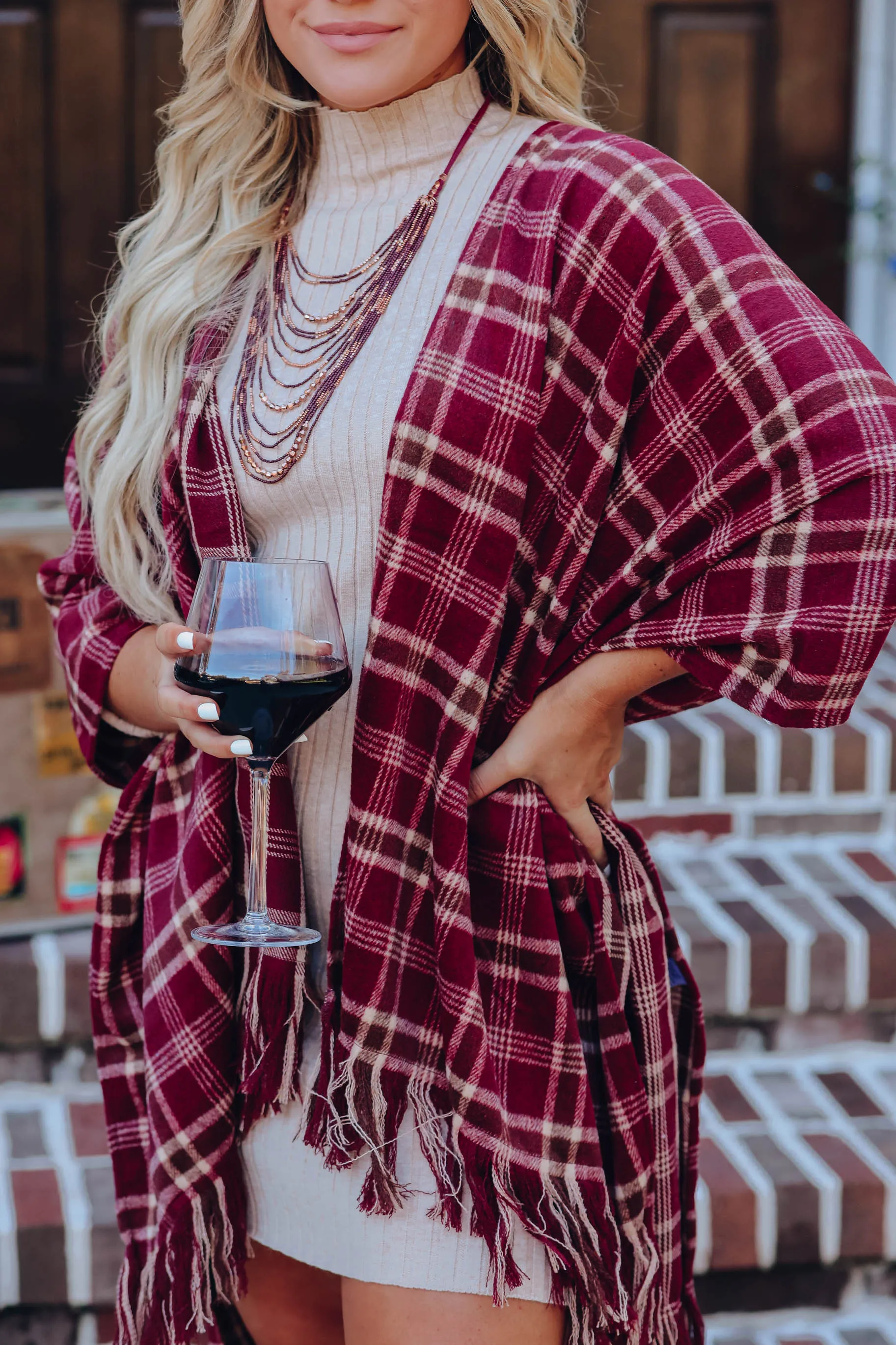 Cherie Plaid Open Front Poncho - Burgundy