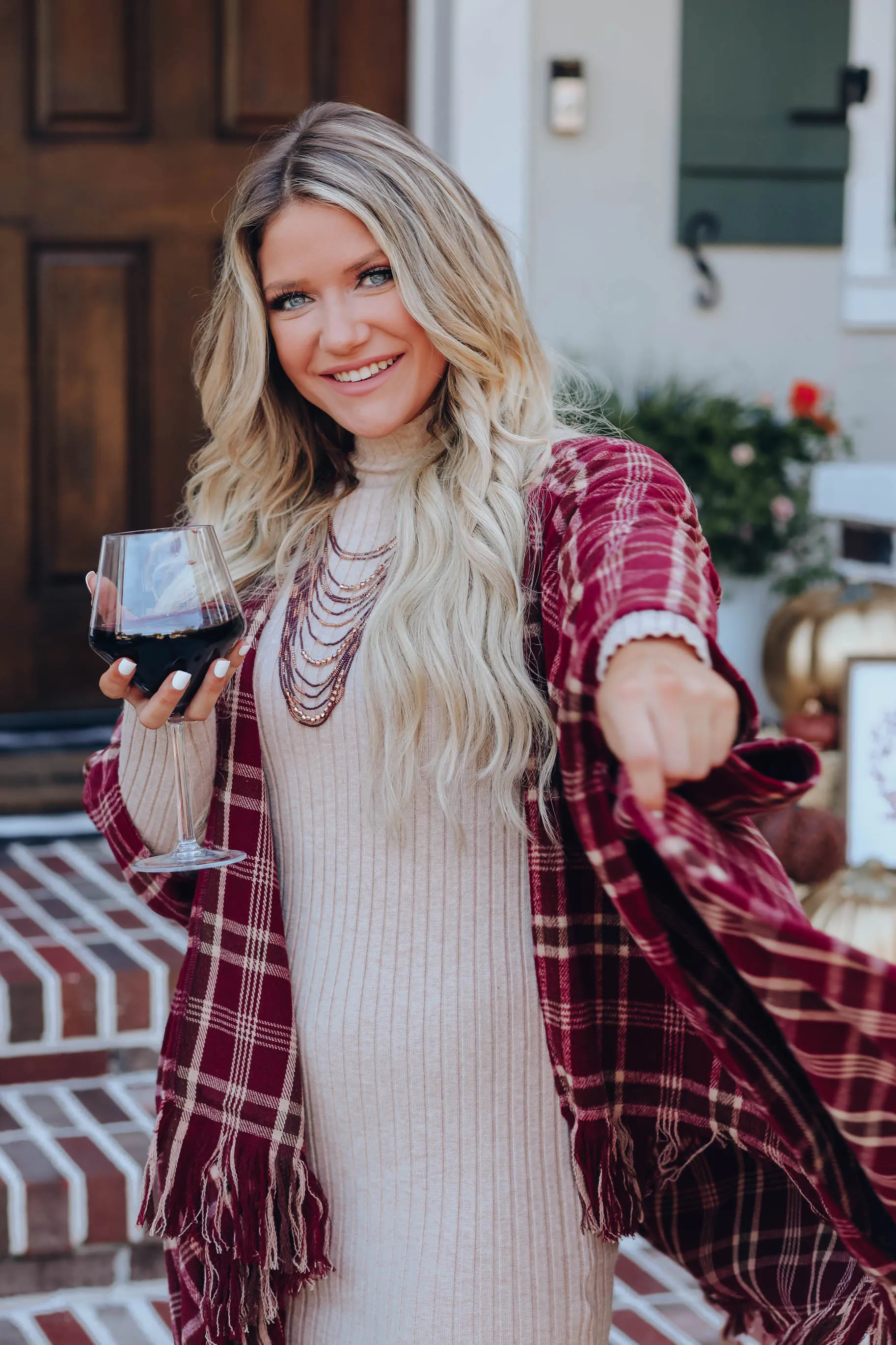 Cherie Plaid Open Front Poncho - Burgundy