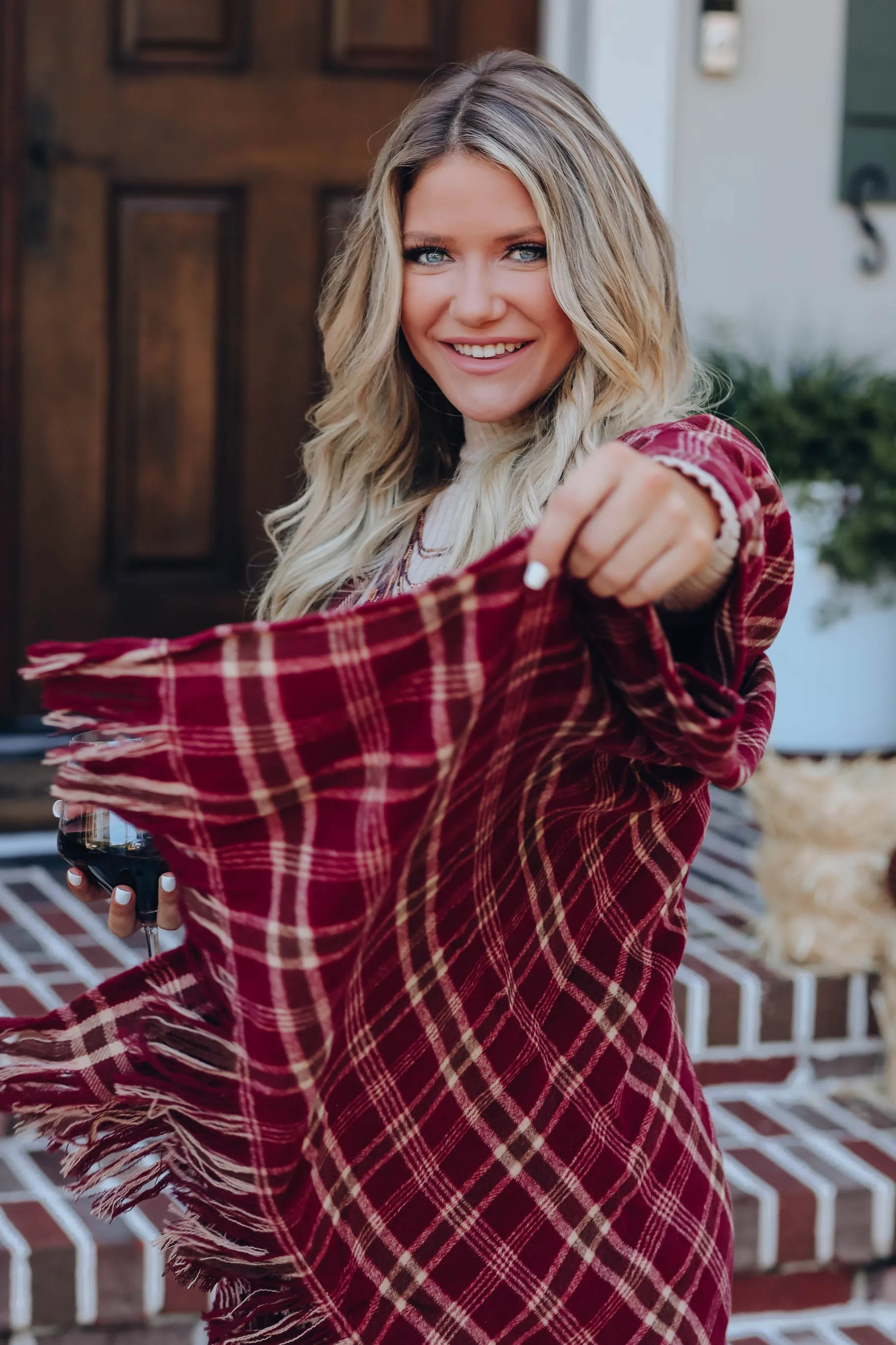Cherie Plaid Open Front Poncho - Burgundy
