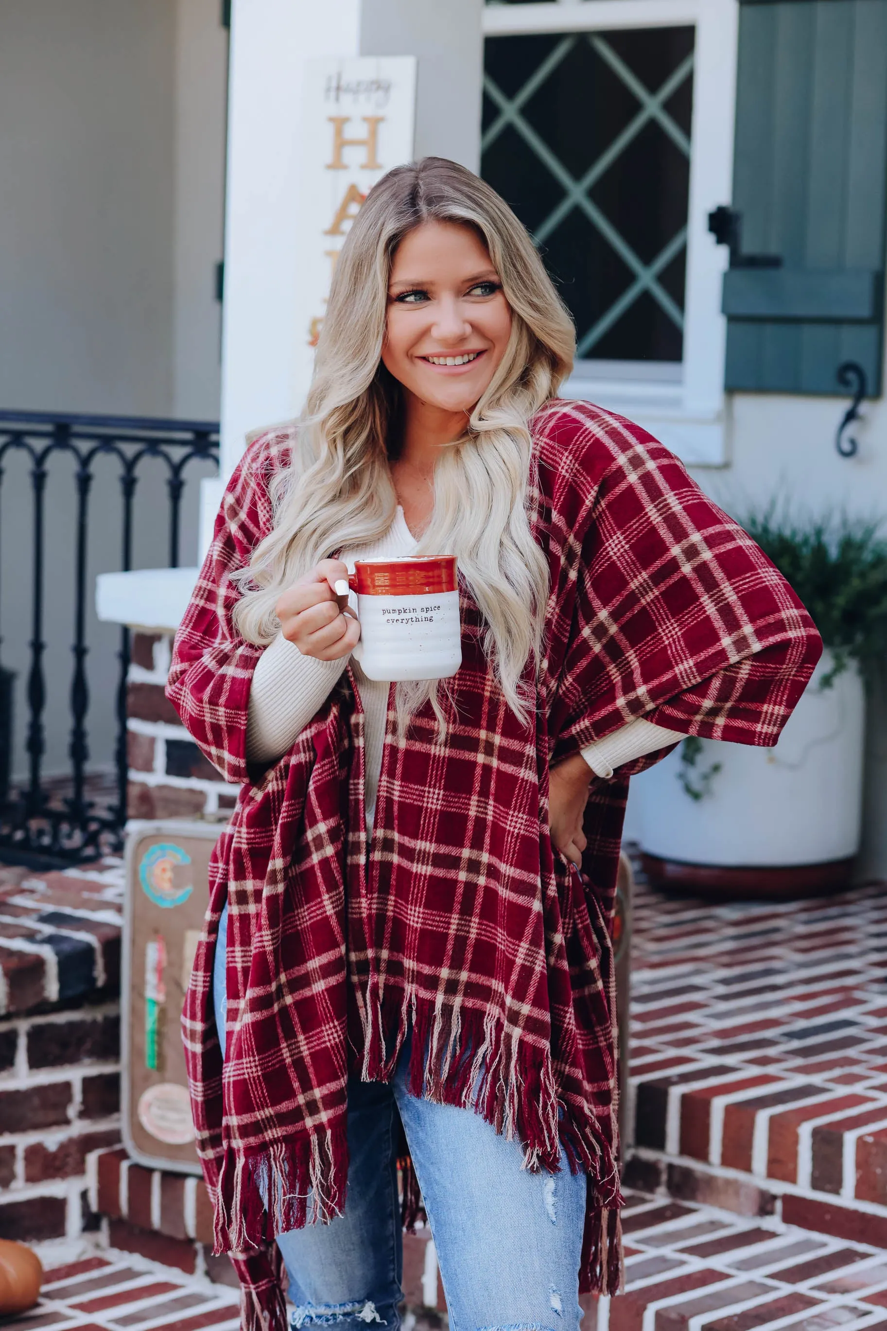 Cherie Plaid Open Front Poncho - Burgundy