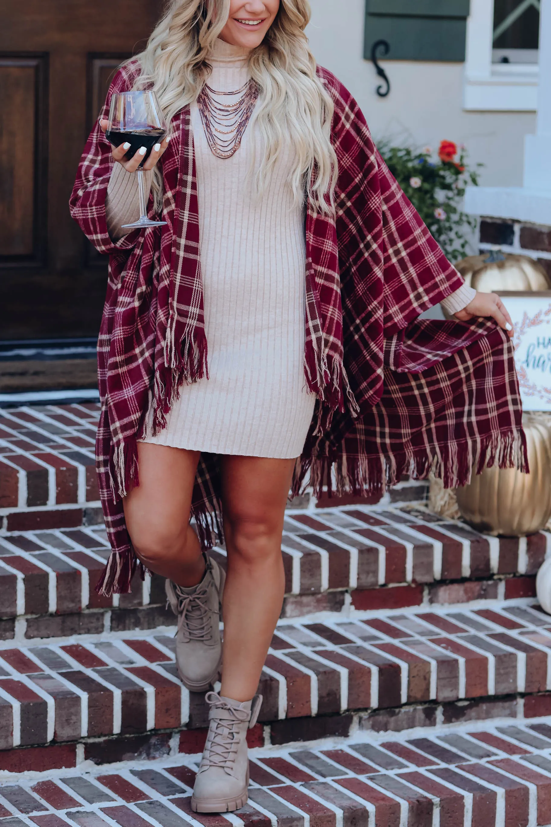 Cherie Plaid Open Front Poncho - Burgundy