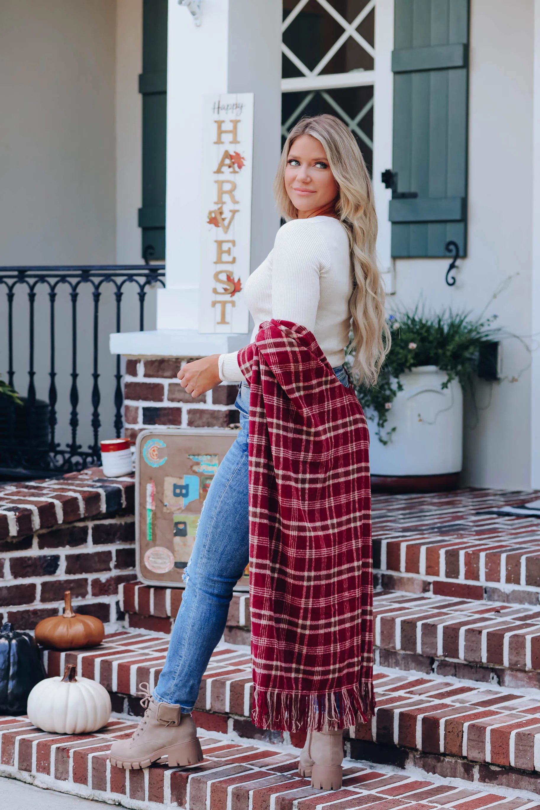 Cherie Plaid Open Front Poncho - Burgundy