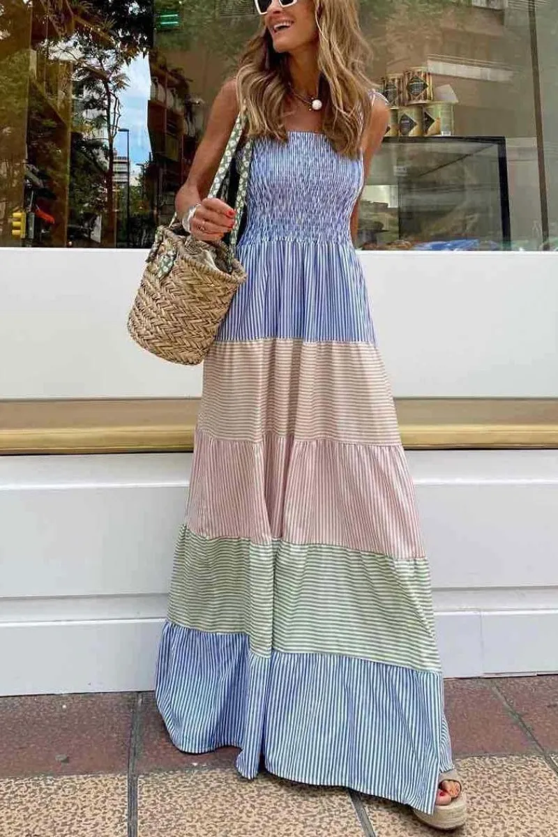 Chouyatou Women's Color Block Striped Smocked Maxi Dress Sexy Spaghetti Strap Tiered Flowy Beach Maxi Dress