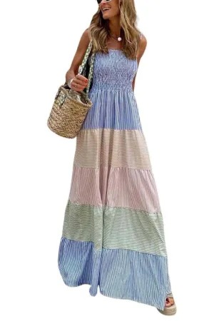 Chouyatou Women's Color Block Striped Smocked Maxi Dress Sexy Spaghetti Strap Tiered Flowy Beach Maxi Dress