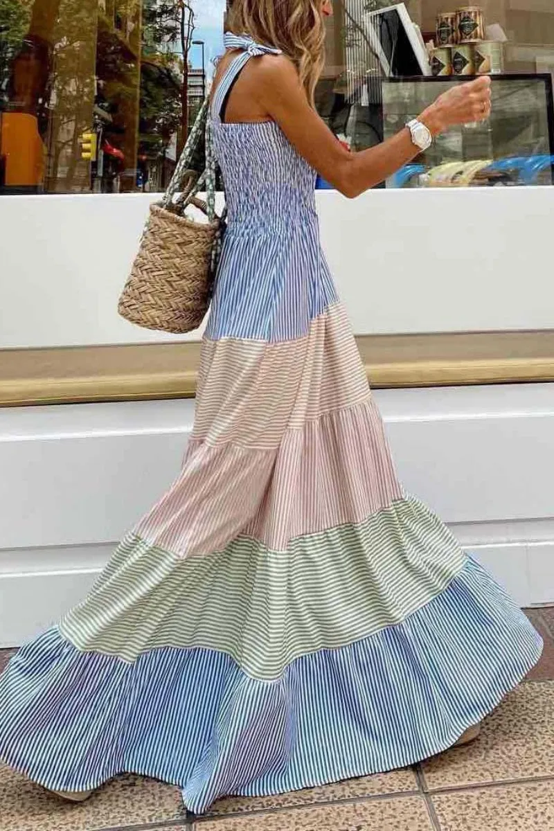 Chouyatou Women's Color Block Striped Smocked Maxi Dress Sexy Spaghetti Strap Tiered Flowy Beach Maxi Dress